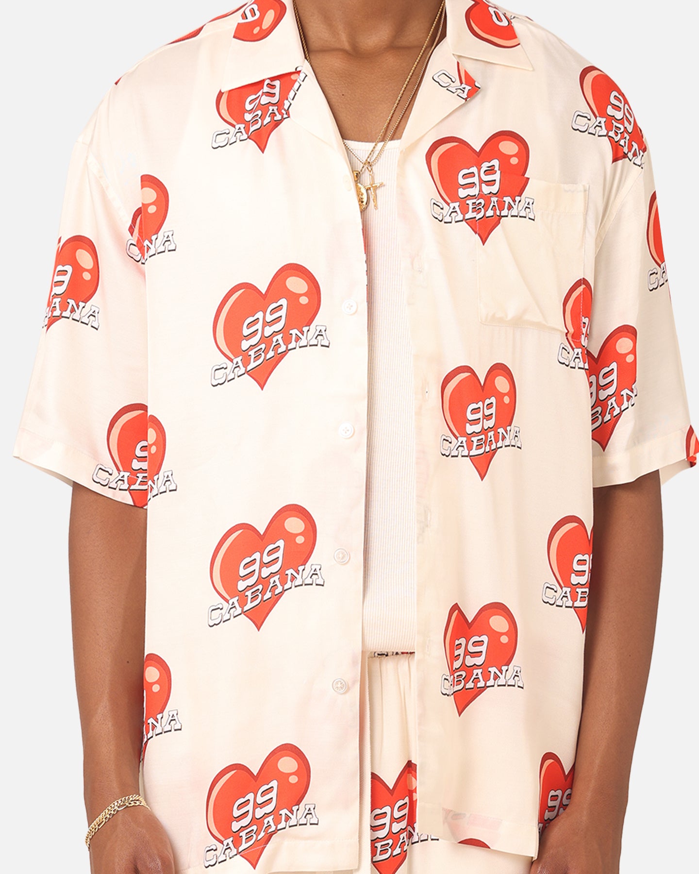 99 Cabana Roaming Hearts Short Sleeve Button Up Shirt for Women - Off White & Red Floral Print Vacation Shirt, Perfect for Beach Outings, Summer Parties and Tropical Getaways