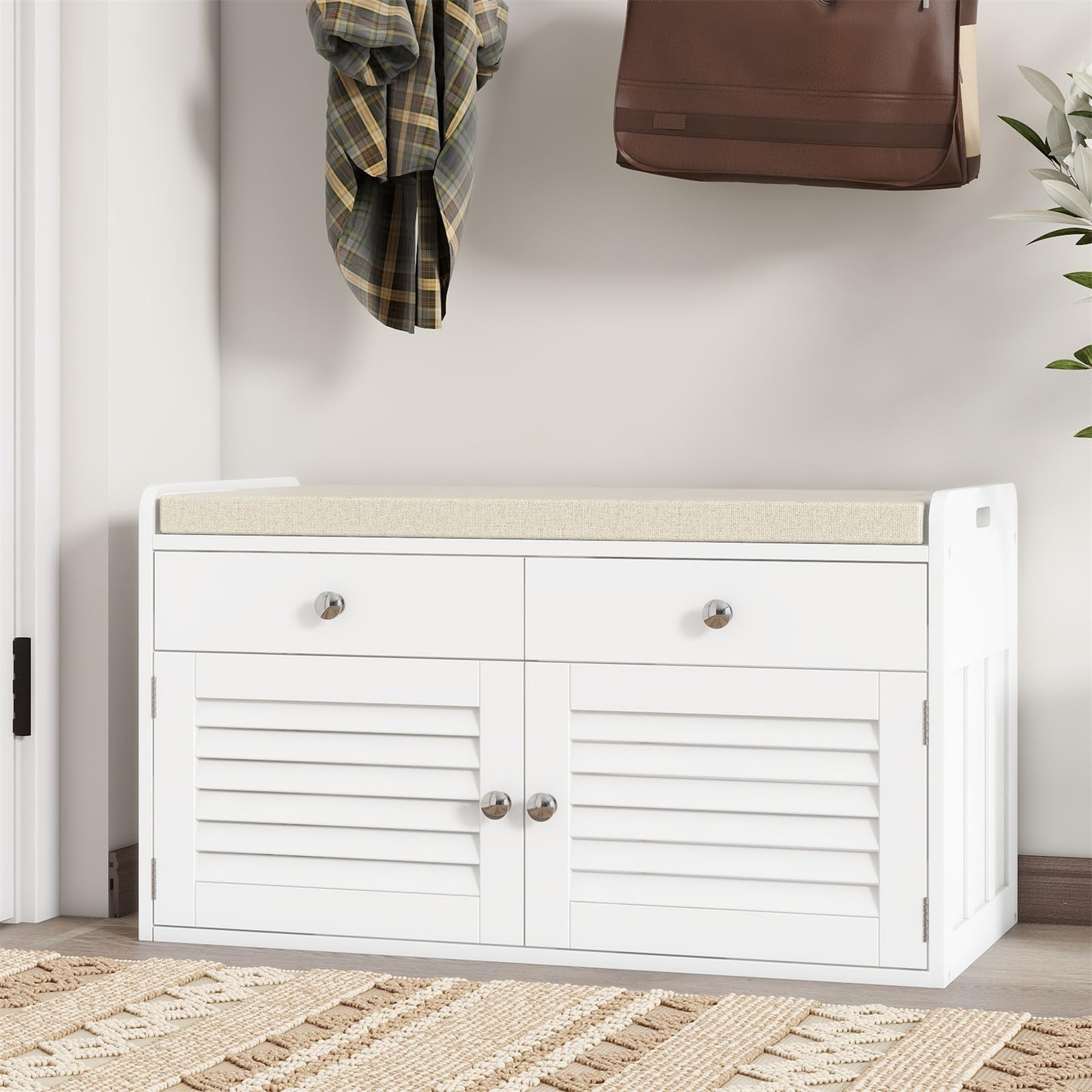 White Shoe Storage Bench with 2 Drawers & 2 Doors - Entryway Bench with Cushion & Adjustable Shelves - Multifunctional Shoe Cabinet for Entryway, Living Room, Hallway, Mudroom, Bedroom - Perfect for Organizing Shoes, Hats & Home Decor Items