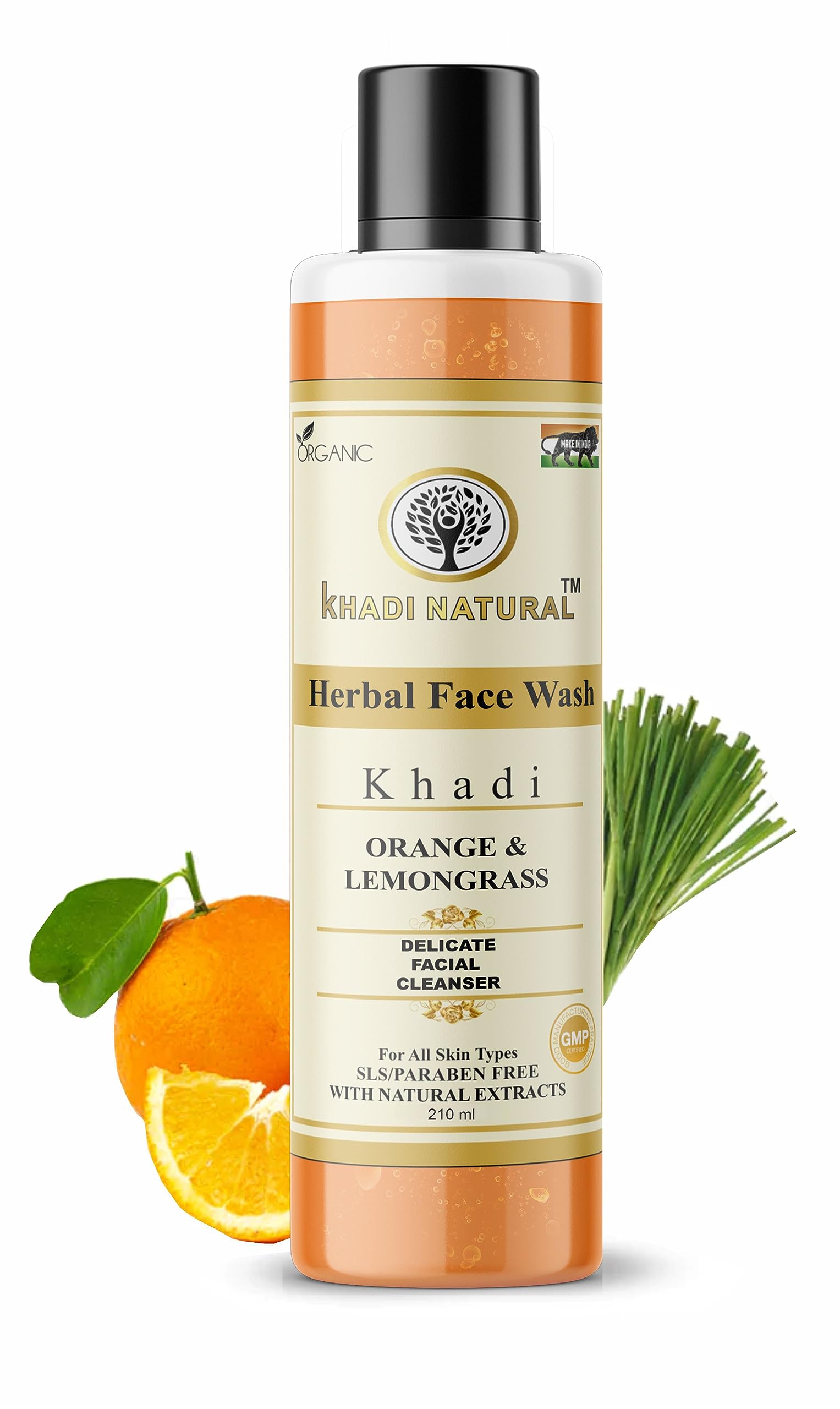 Organic Khadi Orange & Lemongrass Herbal Face Wash for Dry Skin - 210ml | Natural & Chemical-Free Cleanser | Perfect for Daily Skincare Routine & Sensitive Skin Care