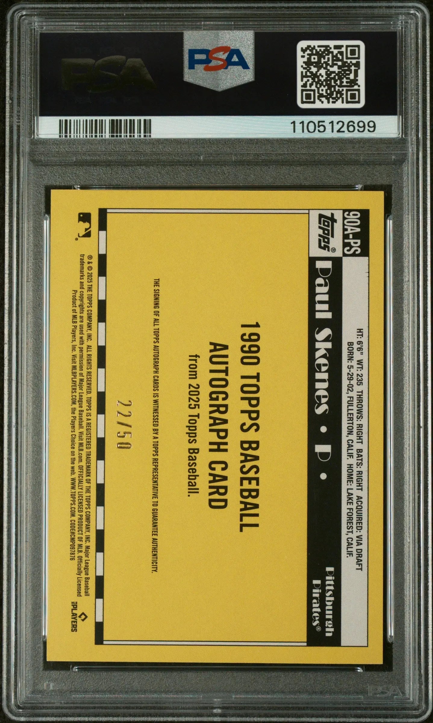 2025 Topps 1990 Topps Baseball Autographs Paul Skenes Gold Auto PSA 10 /50 - Rare Collectible Baseball Card for Sports Memorabilia Enthusiasts & Investment Collectors