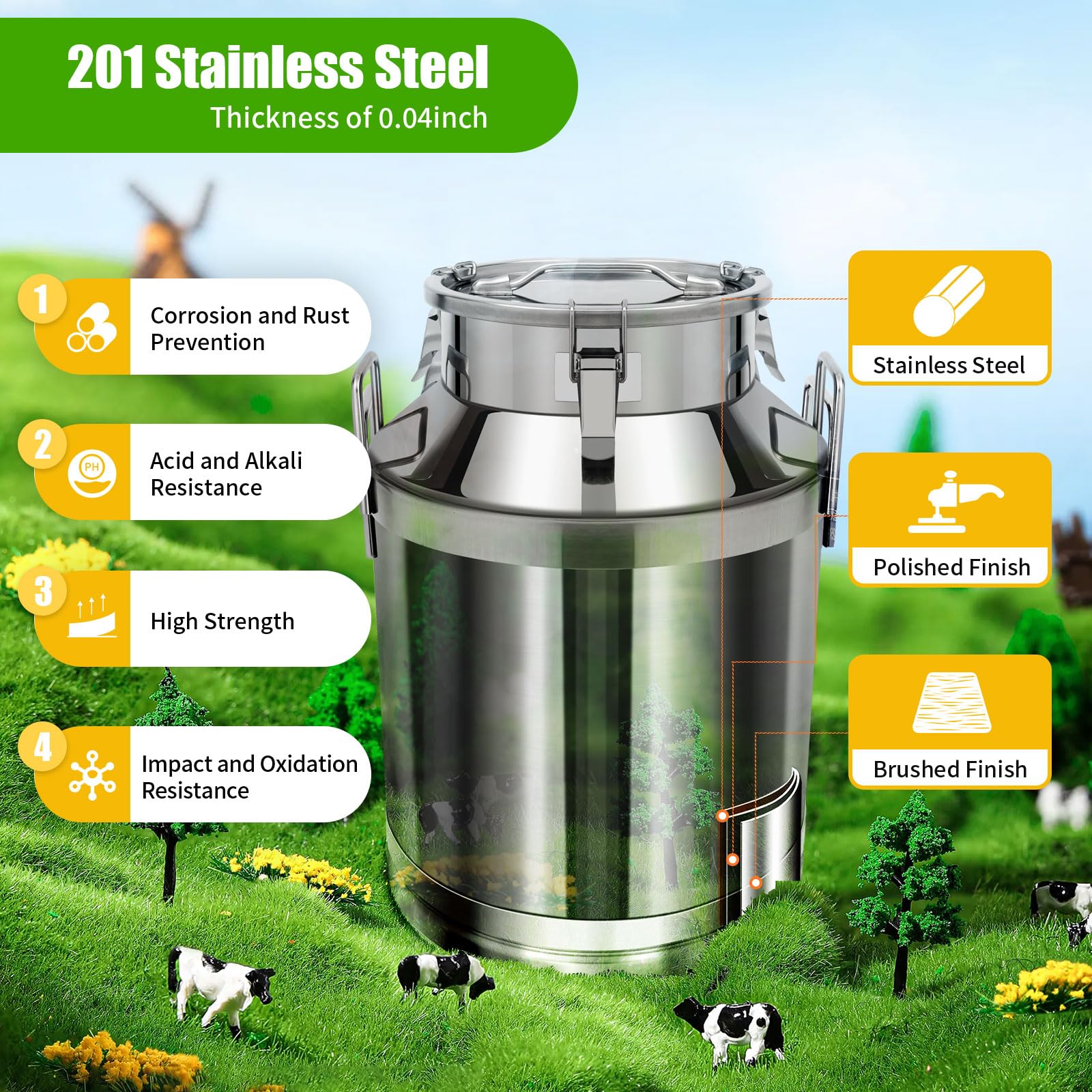 50L/13.3 Gallon Stainless Steel Milk Can with Airtight Lid - Food Grade Metal Milk Jug for Dairy, Juice, Grains & Bulk Storage | Perfect for Farm, Kitchen, Restaurant & Commercial Use