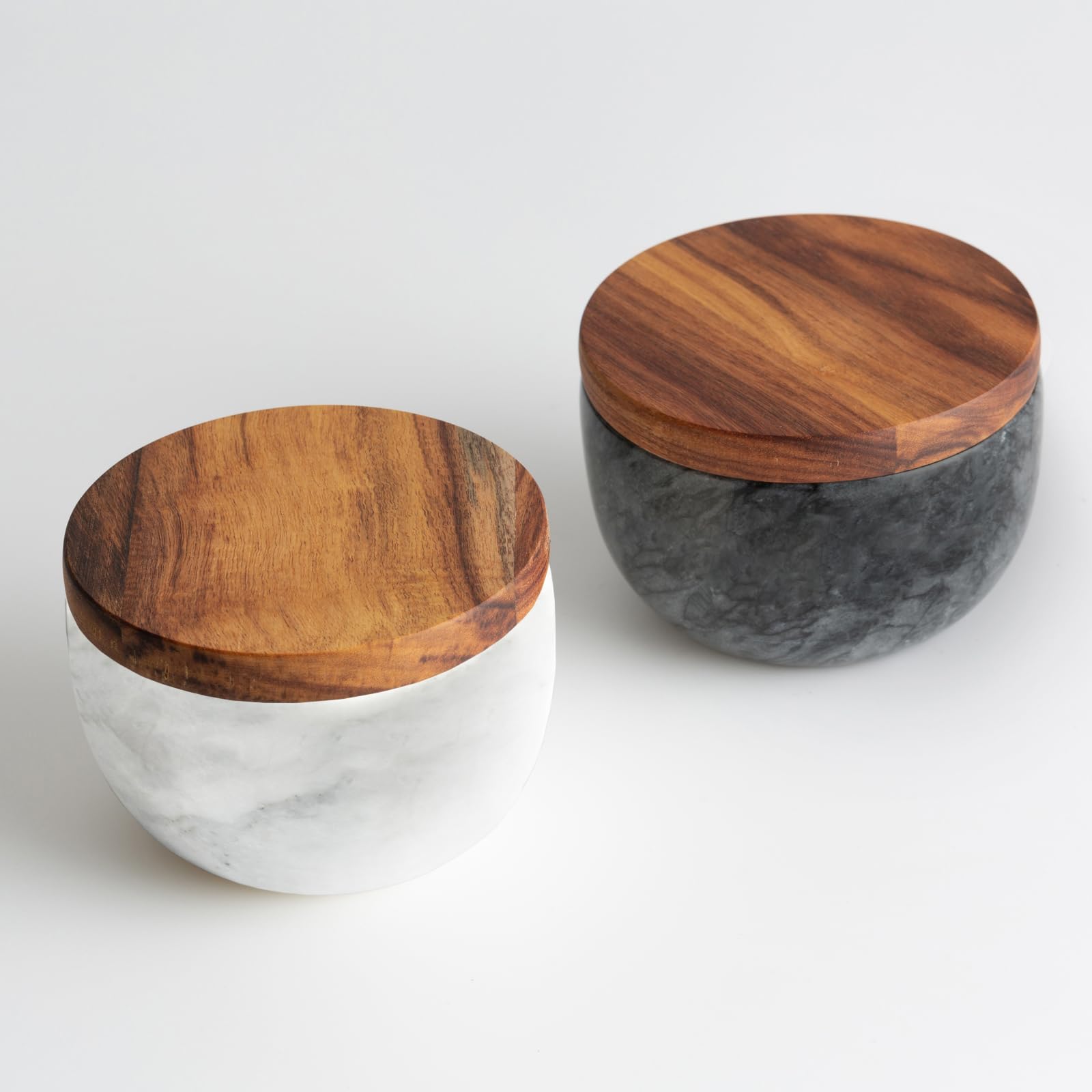 Natural Marble Salt and Pepper Bowls Set with Wooden Lid - Large Capacity Salt Cellar & Spice Container - Perfect for Kitchen, Dining Table, and Gift Giving (Includes Spoon)