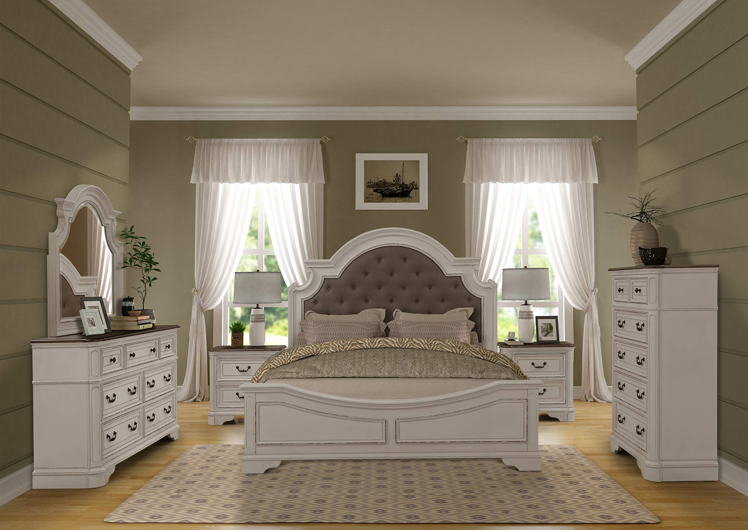 Roundhill Furniture Laval Wood Bedroom Set - Upholstered King Size Bed, Dresser, Mirror, Nightstands & Chest in Antique White & Oak Finish | Perfect for Master Bedroom, Guest Room & Home Decor