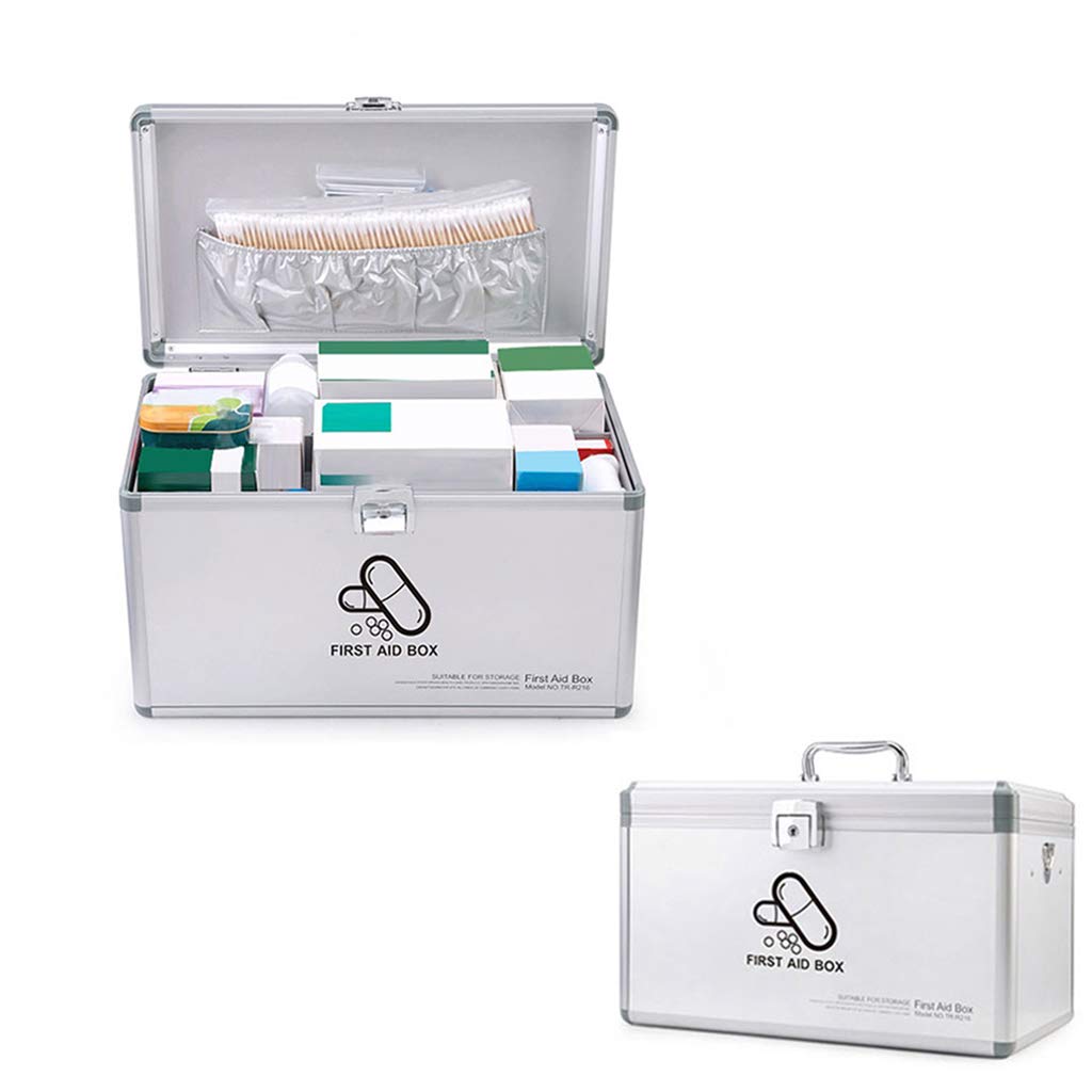 Portable Metal First Aid Kit with Double Layer Removable Tray & Security Lock - Home Emergency Medical Supply Box with Adjustable Shoulder Strap for Camping, Travel, and Workplace Safety