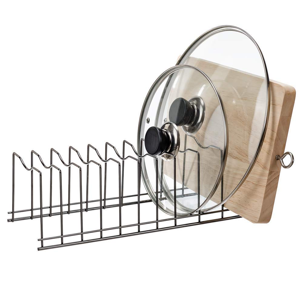 SANNO Stainless Steel Pot Lid Holder & Kitchen Organizer Rack for Plates, Cutting Boards, Bakeware, Cooling Trays - Black Nickel Finish | Space-Saving Storage for Cabinets & Countertops