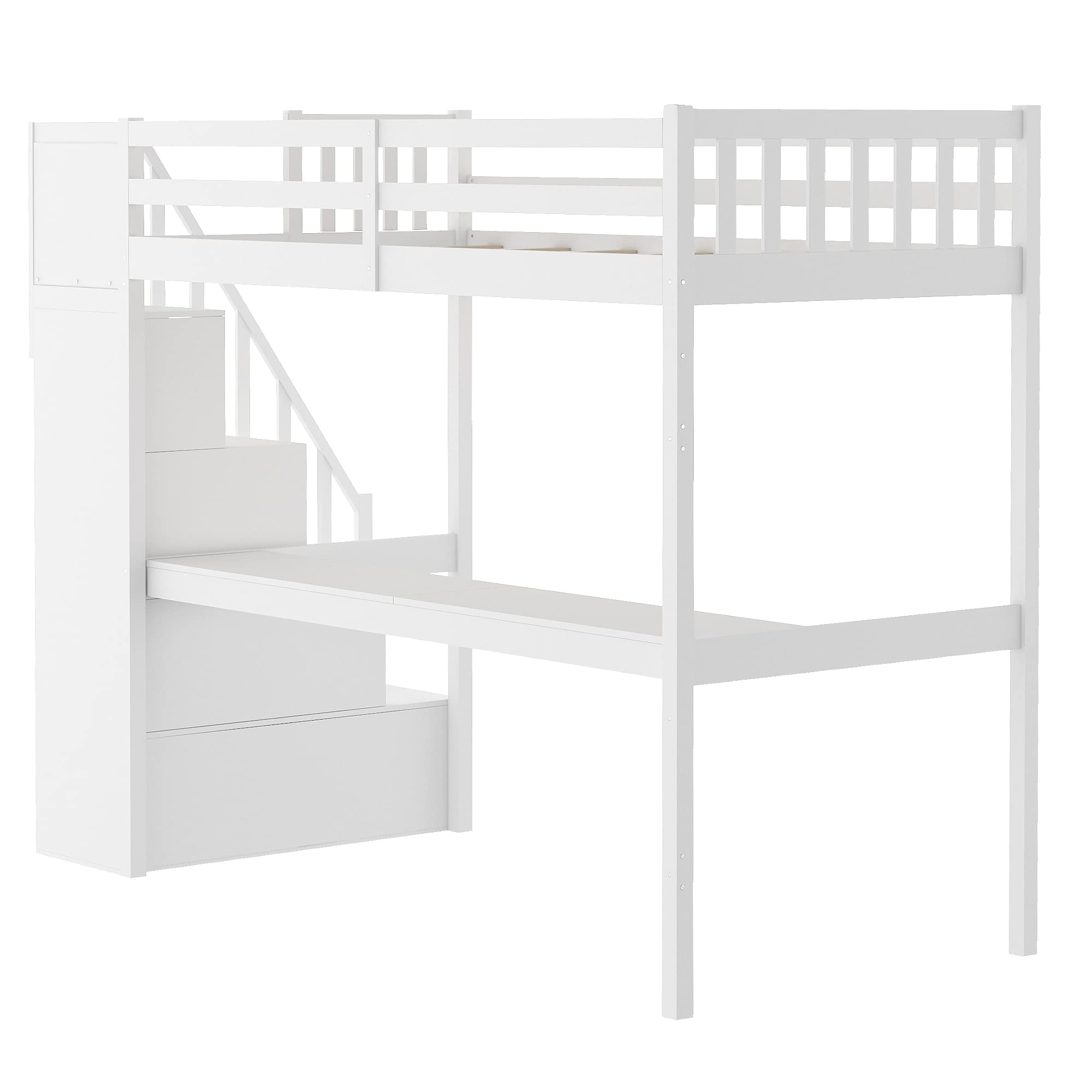 Rhomtree Twin Size Wooden Loft Bed Frame with Staircase & Built-in Study Desk - Space Saving Kids/Teen Bed for Small Rooms - No Box Spring Needed (White Finish)