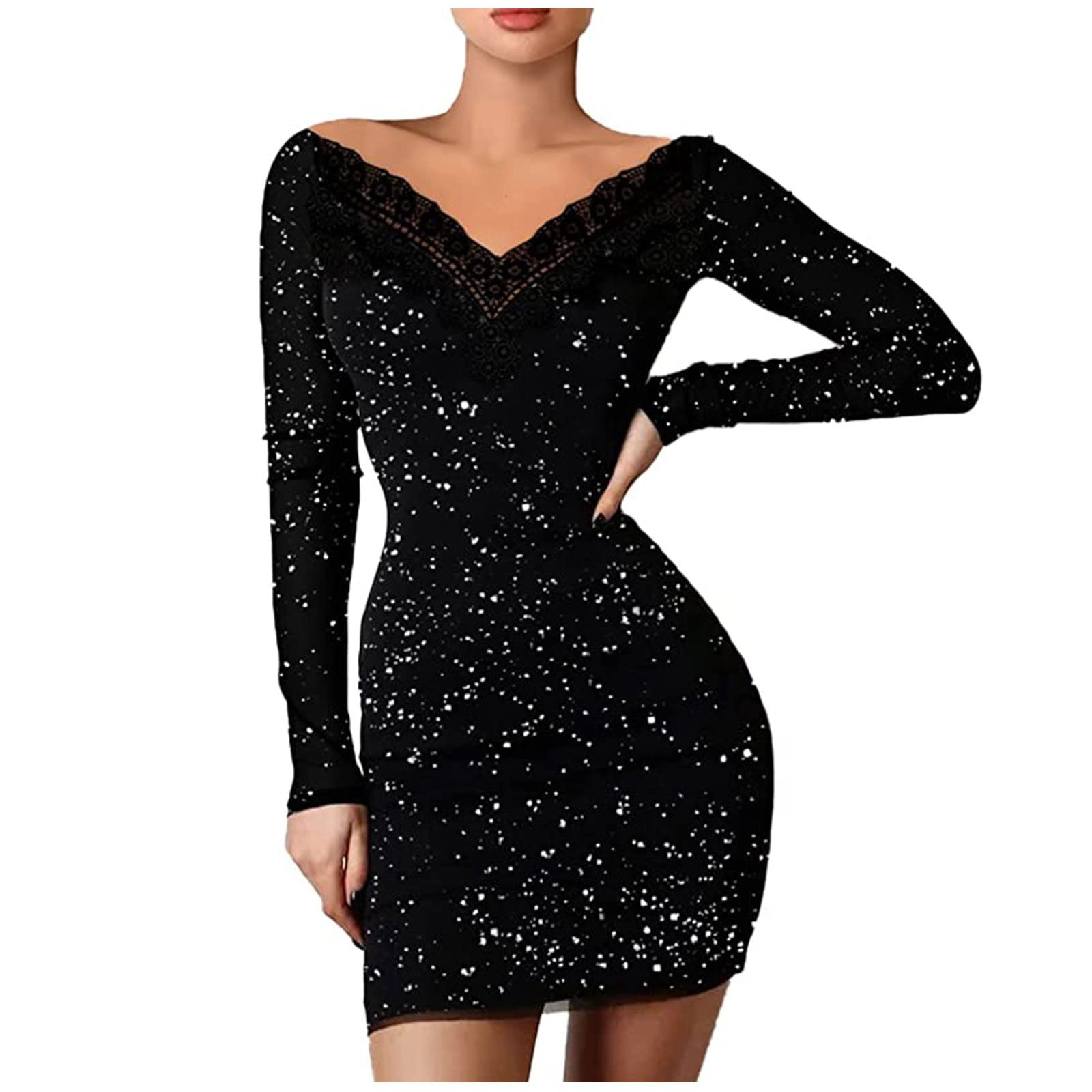 Jsarle Women's Sexy V-Neck Long Sleeve Sequins Bodycon Mini Dress - Cocktail, Wedding Guest & Party Glitter Dress for Night Out, Club, Date Night, Special Occasions