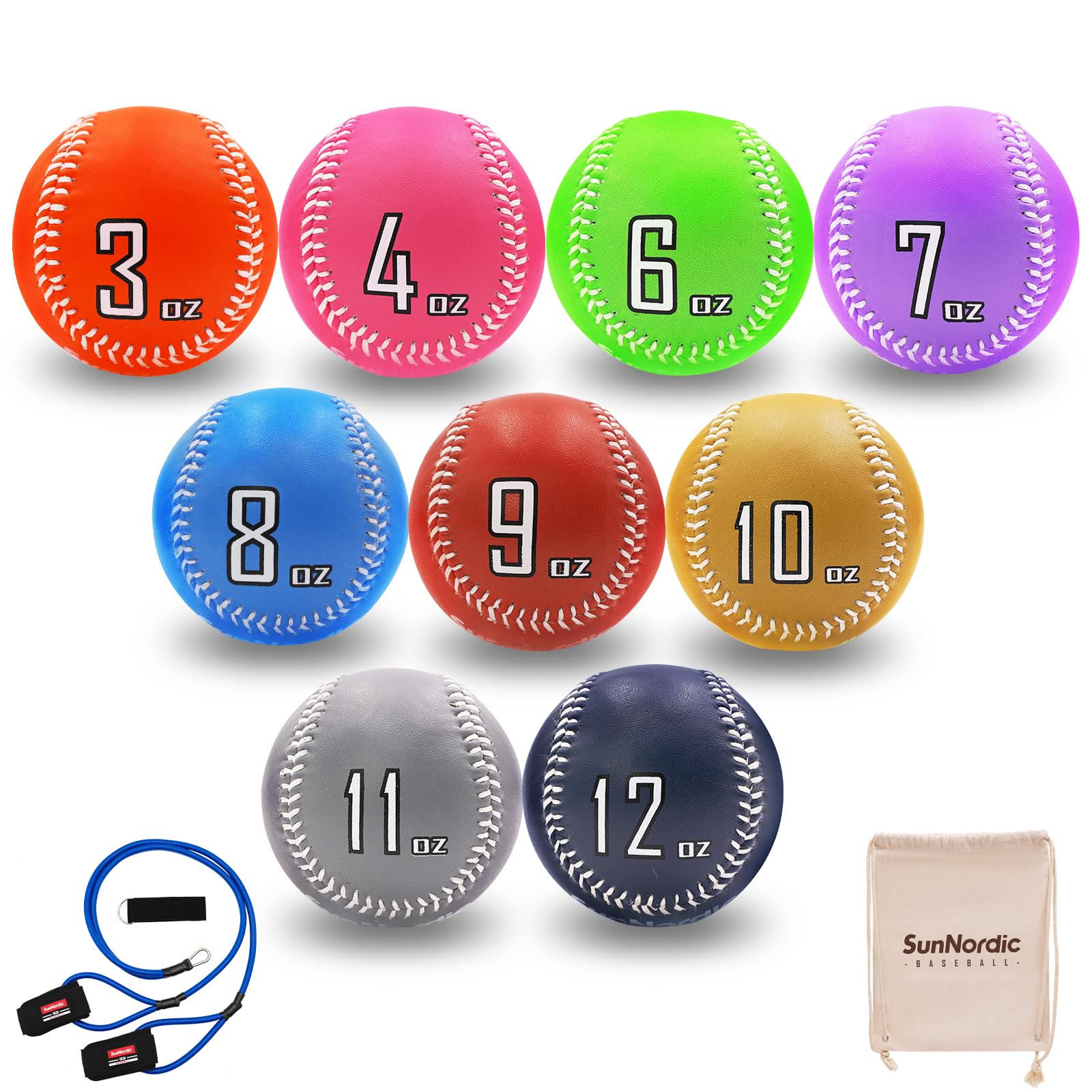 Premium Weighted Baseballs Set of 9 - Variable Weight Leather Baseballs for Pitching Training & Power Improvement | Baseball Bands Included | Suitable for All Skill Levels | Perfect for Baseball Practice, Pitching Drills & Strength Training