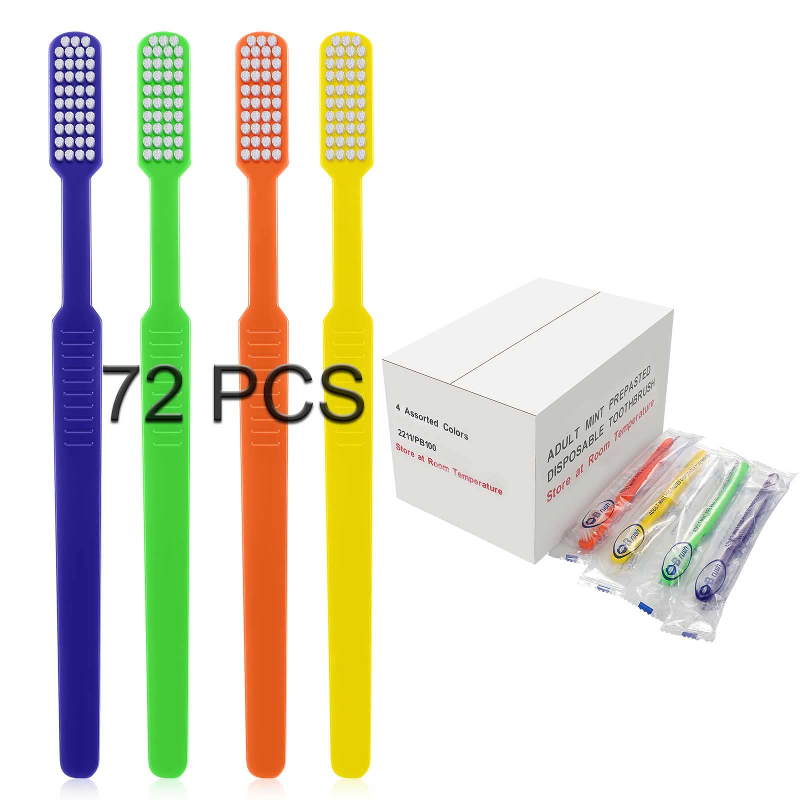 Disposable Pre-Pasted Toothbrushes with Toothpaste Built-in - 72 Pack Individually Wrapped Soft Bristle Travel Toothbrushes for Adults (4 Colors, Mint Flavor) - Perfect for Travel, Hotels, Camping, Airbnb & Emergency Kits