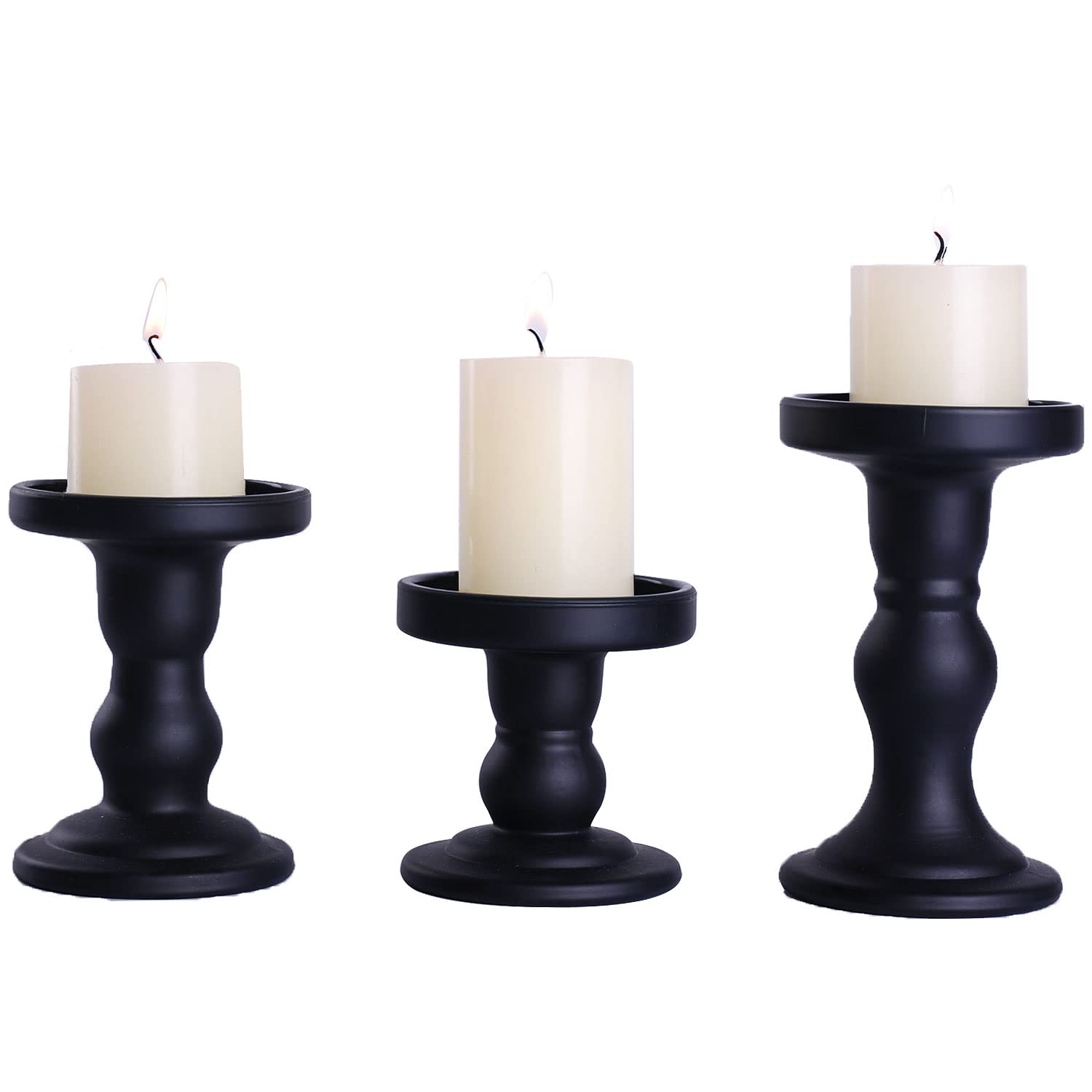 Set of 3 Elegant Black Glass Candle Holders for Pillar & Taper Candles - Wedding Unity Candle Set, Church Decor, Table Centerpiece for Formal Events & Home Décor - Perfect for Romantic Dinners, Holiday Decorations and Special Occasions