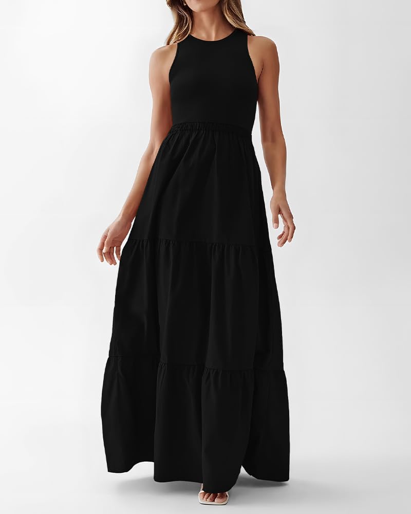 BTFBM Women's Sleeveless Summer Maxi Dress - Wedding Guest Dress with Ribbed Knit Top & Pockets | Beach Vacation, Garden Party, Cocktail Attire