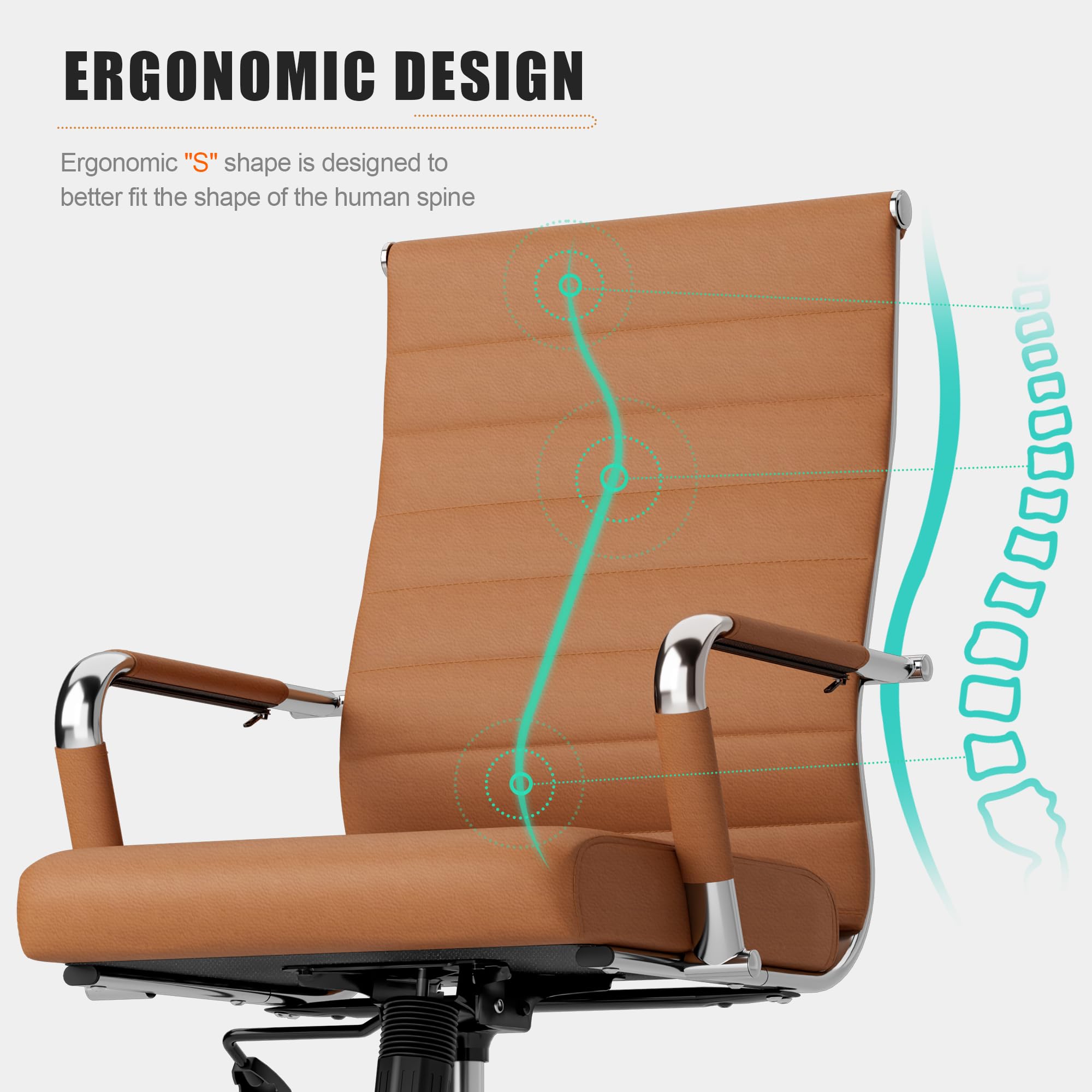 Okeysen Ergonomic Leather Office Chair - Adjustable Height Swivel Rolling Executive Desk Chair for Home & Conference Room - Modern Ribbed Design (Brown) - Perfect for Long Work Hours & Professional Meetings