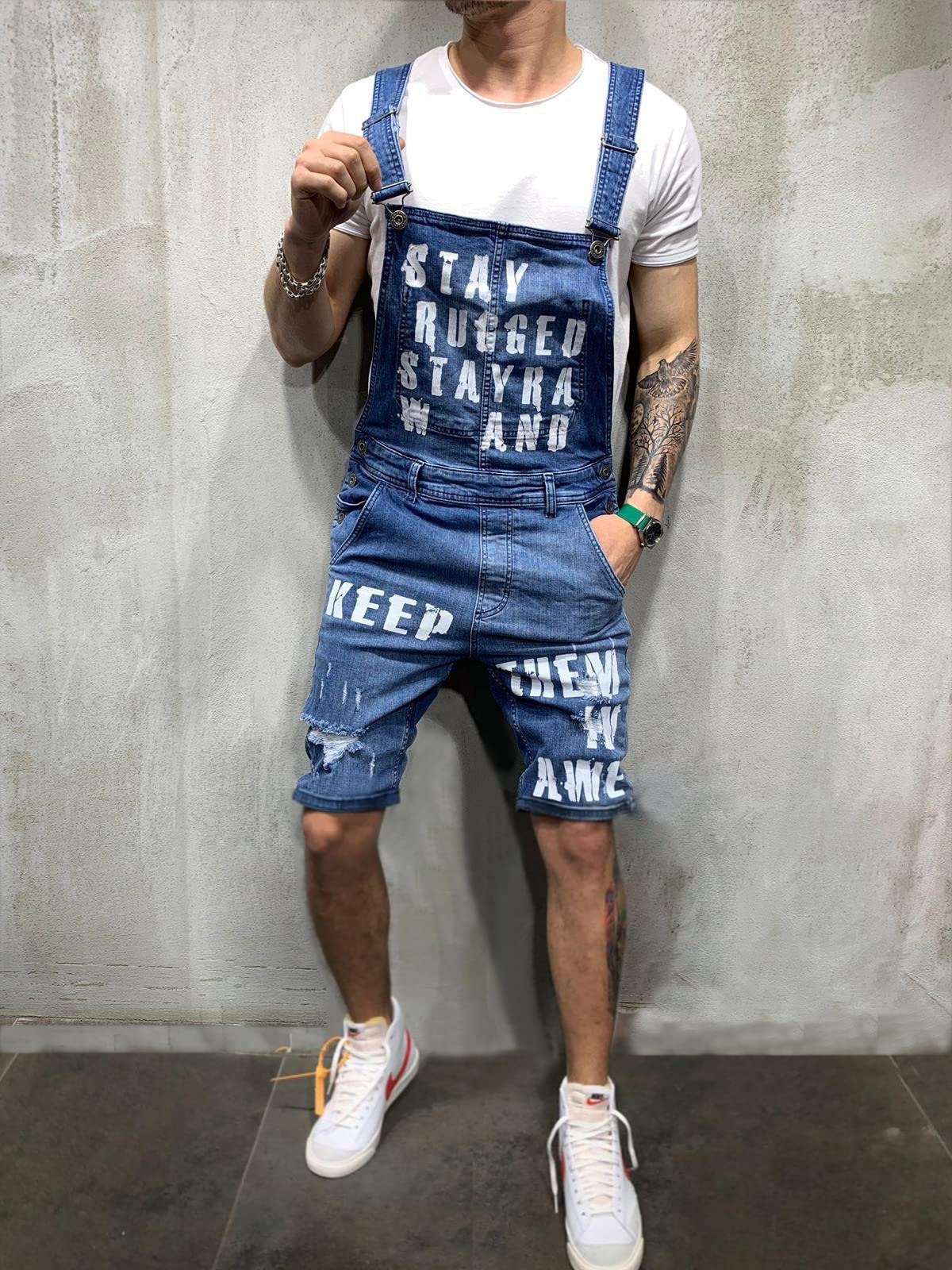 **Men's Distressed Denim Bib Overalls Shorts - Vintage Streetwear Casual Jean Romper Jumpsuit with Printed Design | Perfect for Summer Outings, Music Festivals & Urban Street Style**