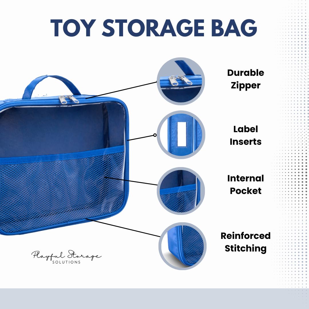 4 Pack Toy Storage Bags - Durable Travel & Car Toy Organizer for Building Bricks, LEGO Tiles, Kids Toys & Board Games - Medium Size Blue Toy Organizer for Home, School & Road Trips