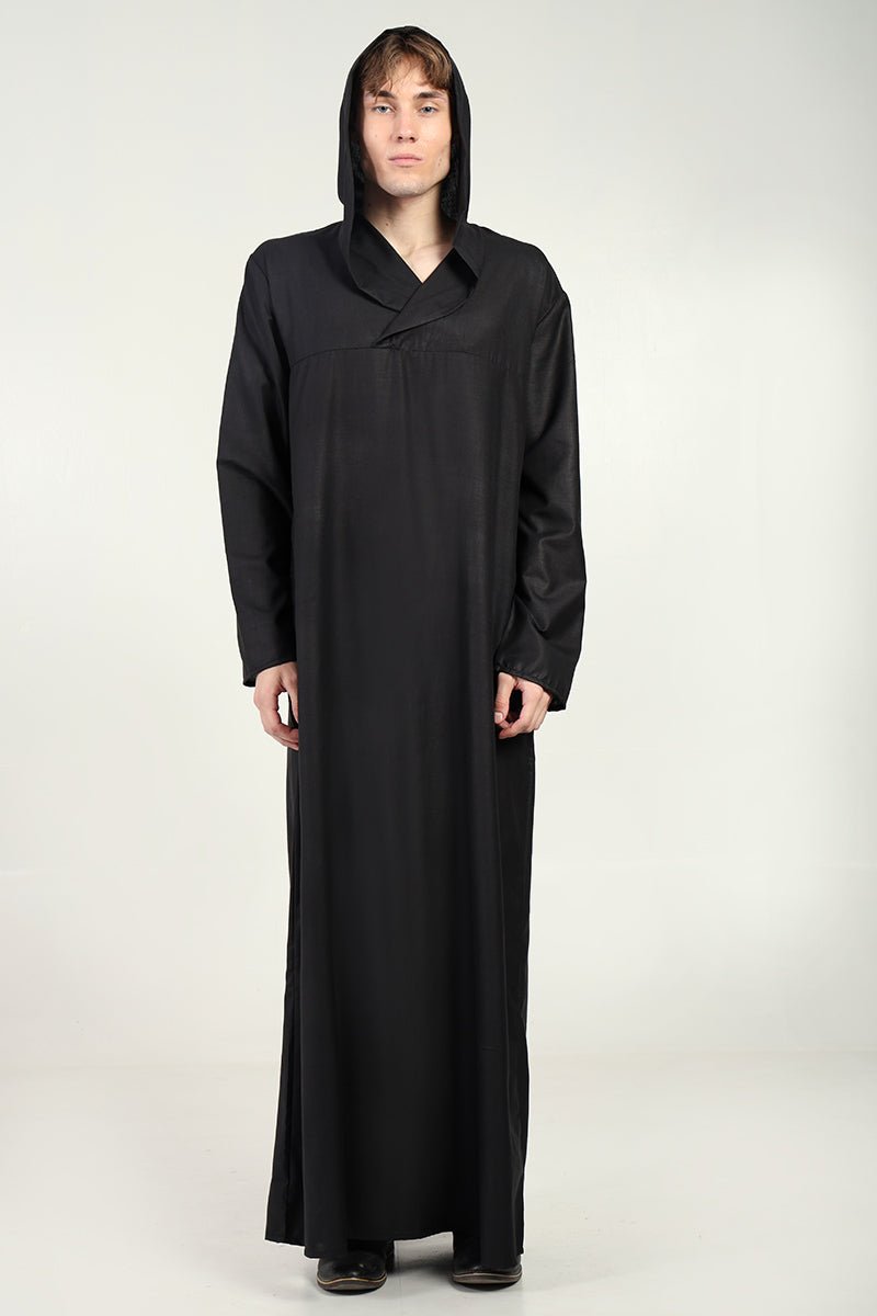 Men's Casual Polyester Poplin Throbe with Overlap Neck & Attached Hood - Black Islamic Prayer Robe for Daily Wear & Mosque