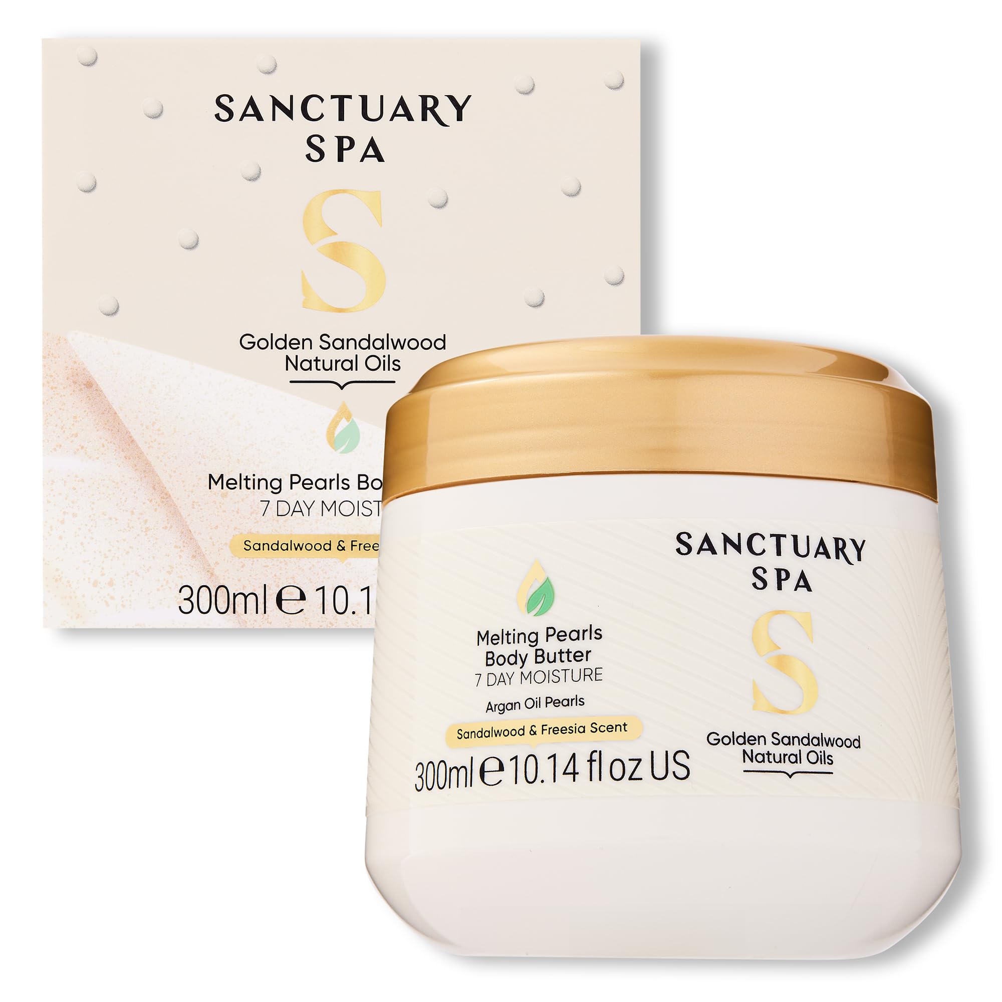 Sanctuary Spa Golden Sandalwood Body Butter with Shea Butter & Argan Oil - 300g Vegan Moisturizer for Dry Skin, Cruelty Free & No Mineral Oil - Perfect for Daily Hydration & Relaxing Spa Nights