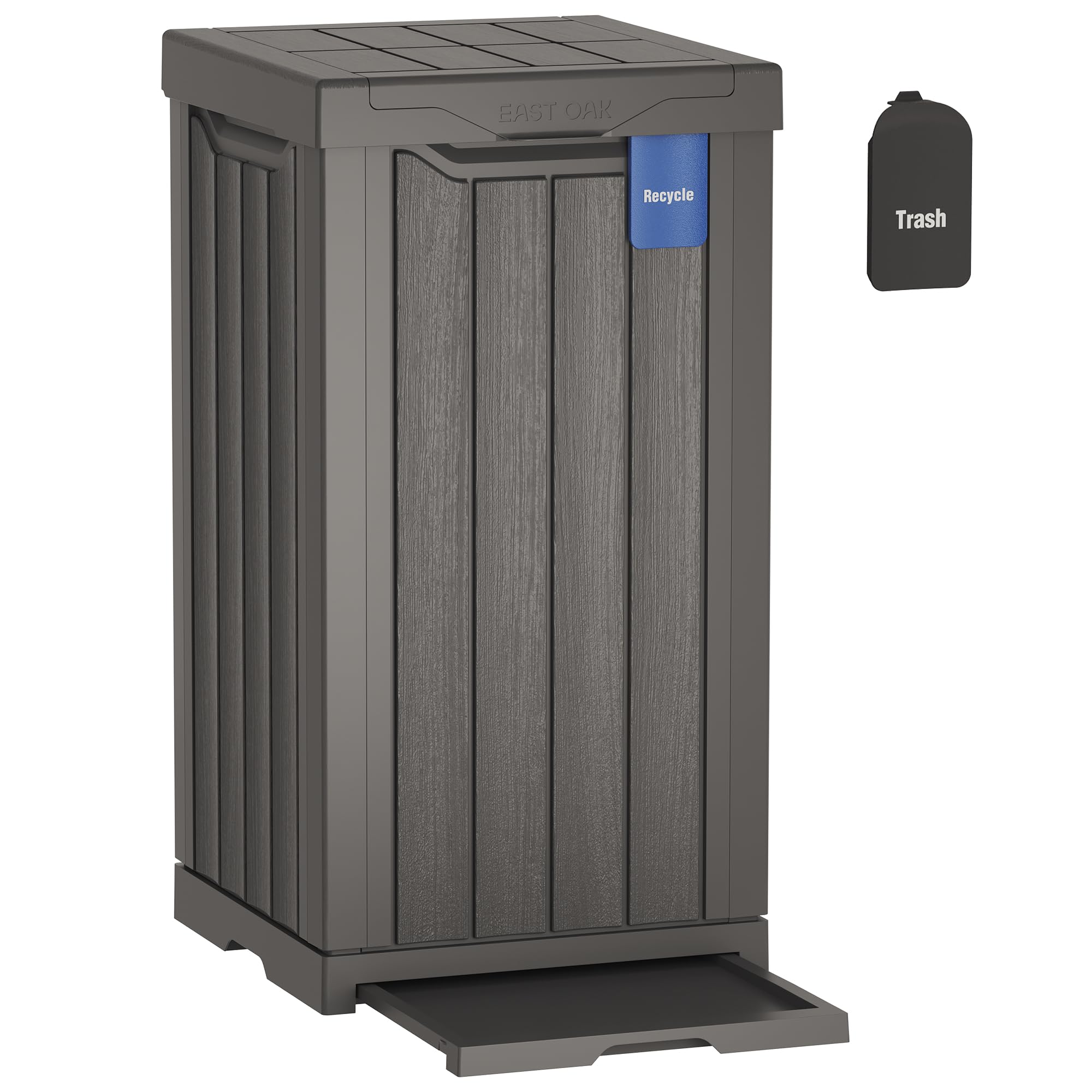EAST OAK 31 Gallon Outdoor Trash Can - Waterproof Resin Garbage Bin with Recycle & Trash Labels, Secure Bag Lock & Drip Tray | Heavy Duty Patio, Backyard, Deck & Kitchen Waste Container | Ideal for Outdoor Parties, BBQ, Camping & Home Use | Gray