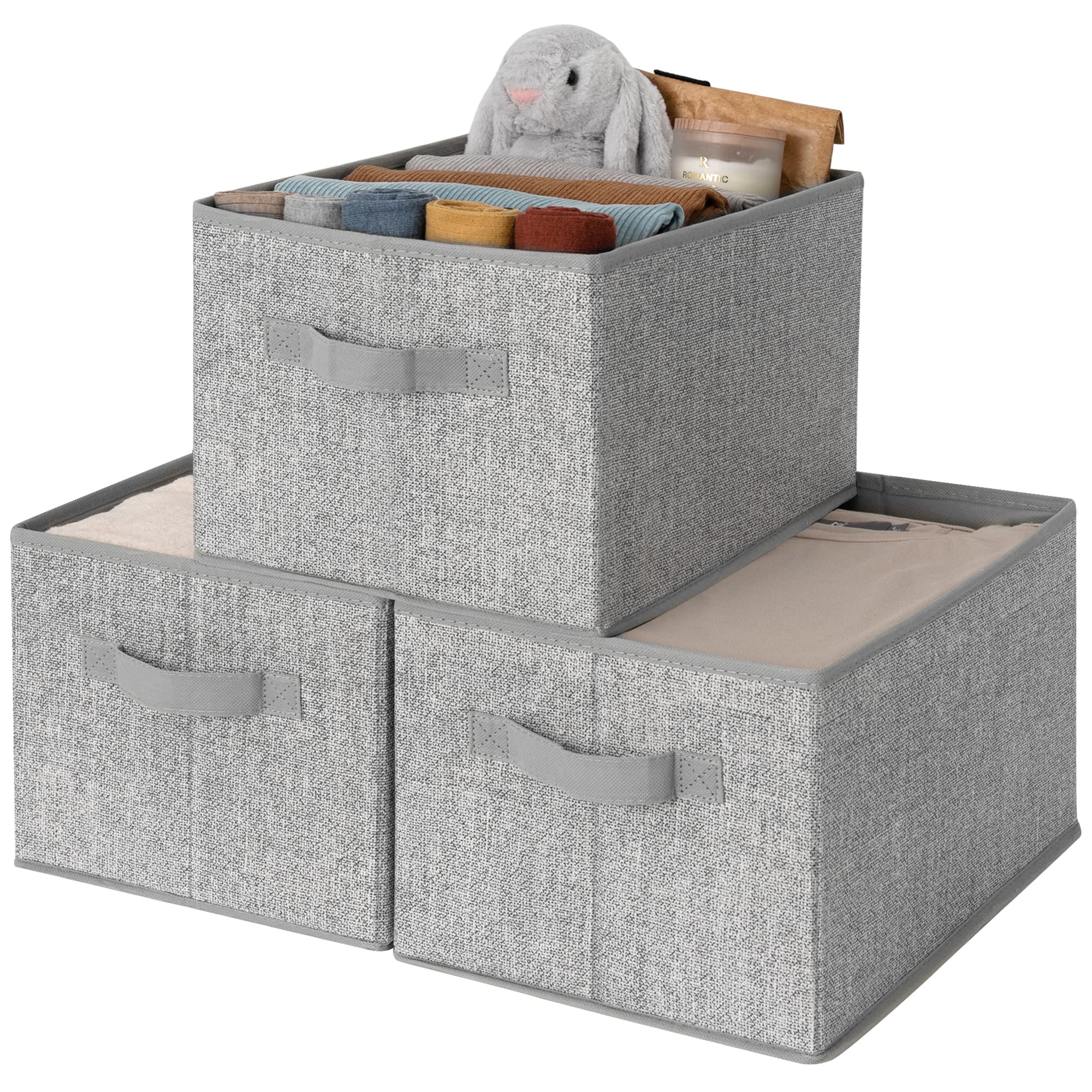 GRANNY SAYS Foldable Fabric Storage Bins with Handles - Large Gray Closet Organizer Baskets (3-Pack) for Bedroom, Shelves & Home Organization | Space-Saving Rectangle Containers
