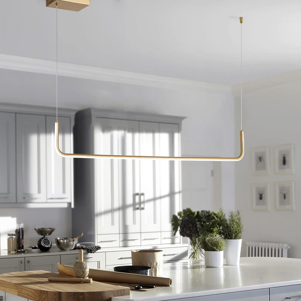 Modern LED Linear Pendant Light Fixtures - Dimmable Island Lighting for Kitchen, Dining Room, Living Room, Bar & Office - Brass Finish | Perfect for Contemporary Home & Commercial Spaces