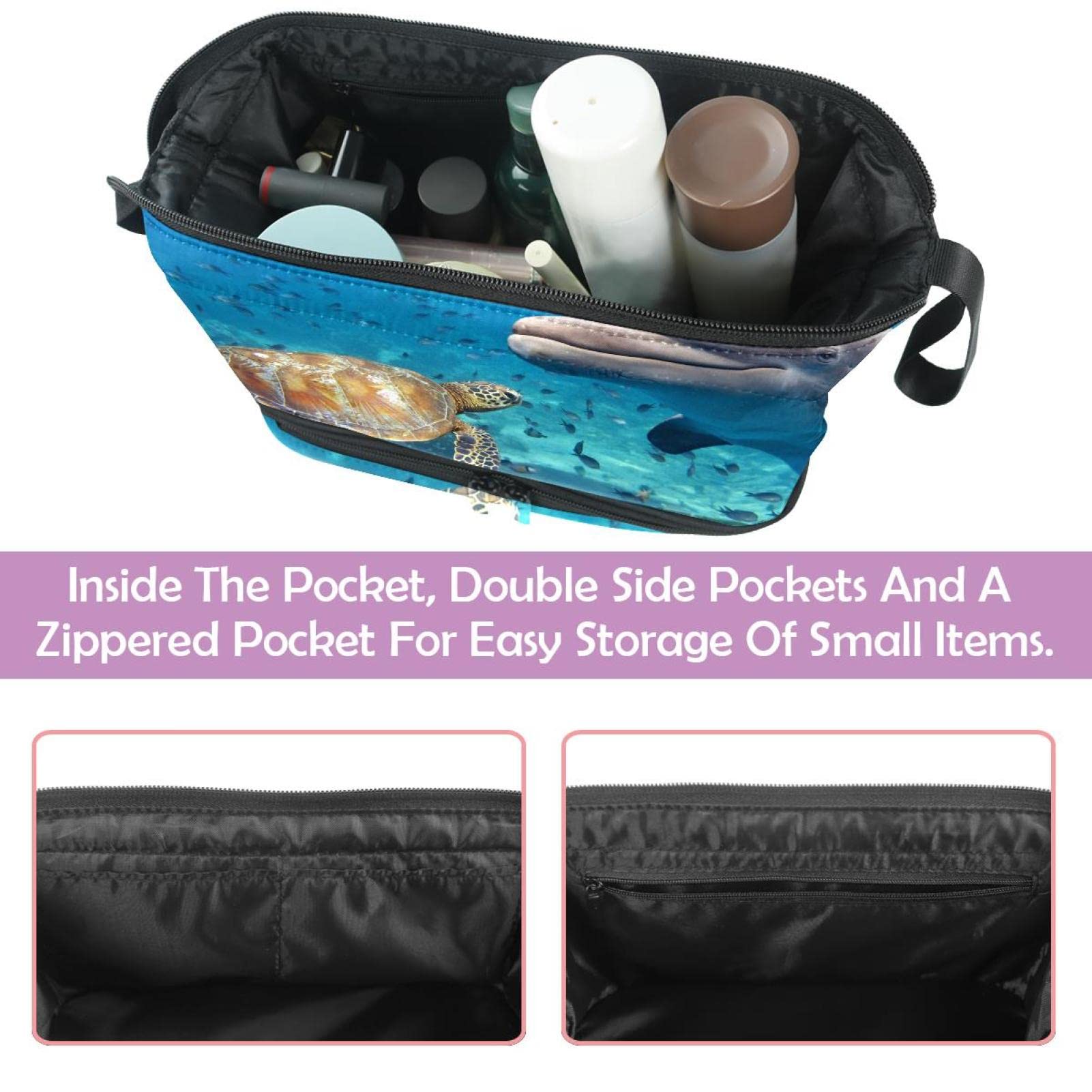 Waterproof Makeup Bag for Women - Large Travel Cosmetic Organizer with Brush Holder, Dolphin & Sea Turtle Design - Perfect for Travel, Gym, and Daily Use