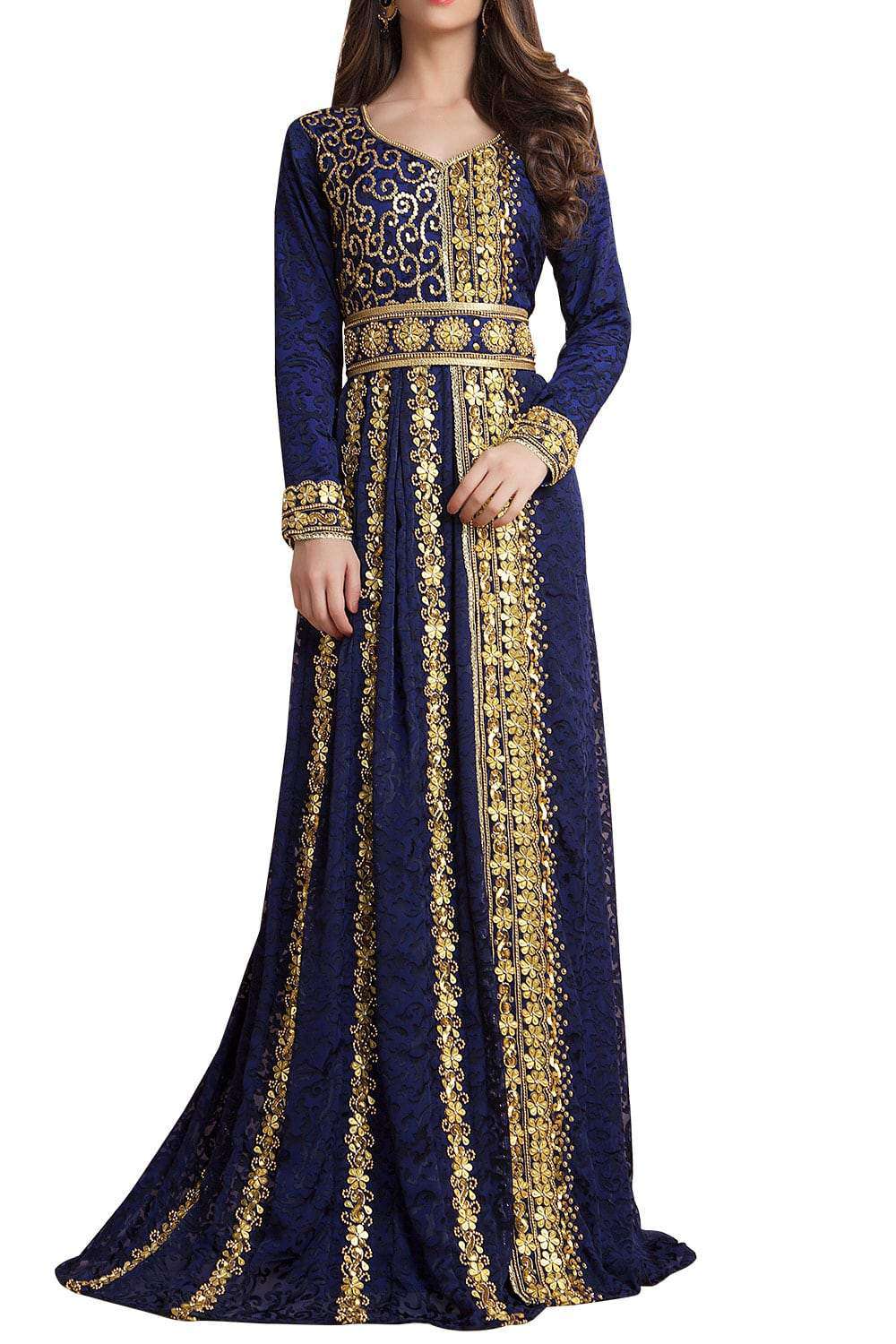 Elegant Blue Beaded Caftan Dress for Women - Full Sleeve Party Wear with Black Beading - Perfect for Evening Parties, Weddings & Special Occasions