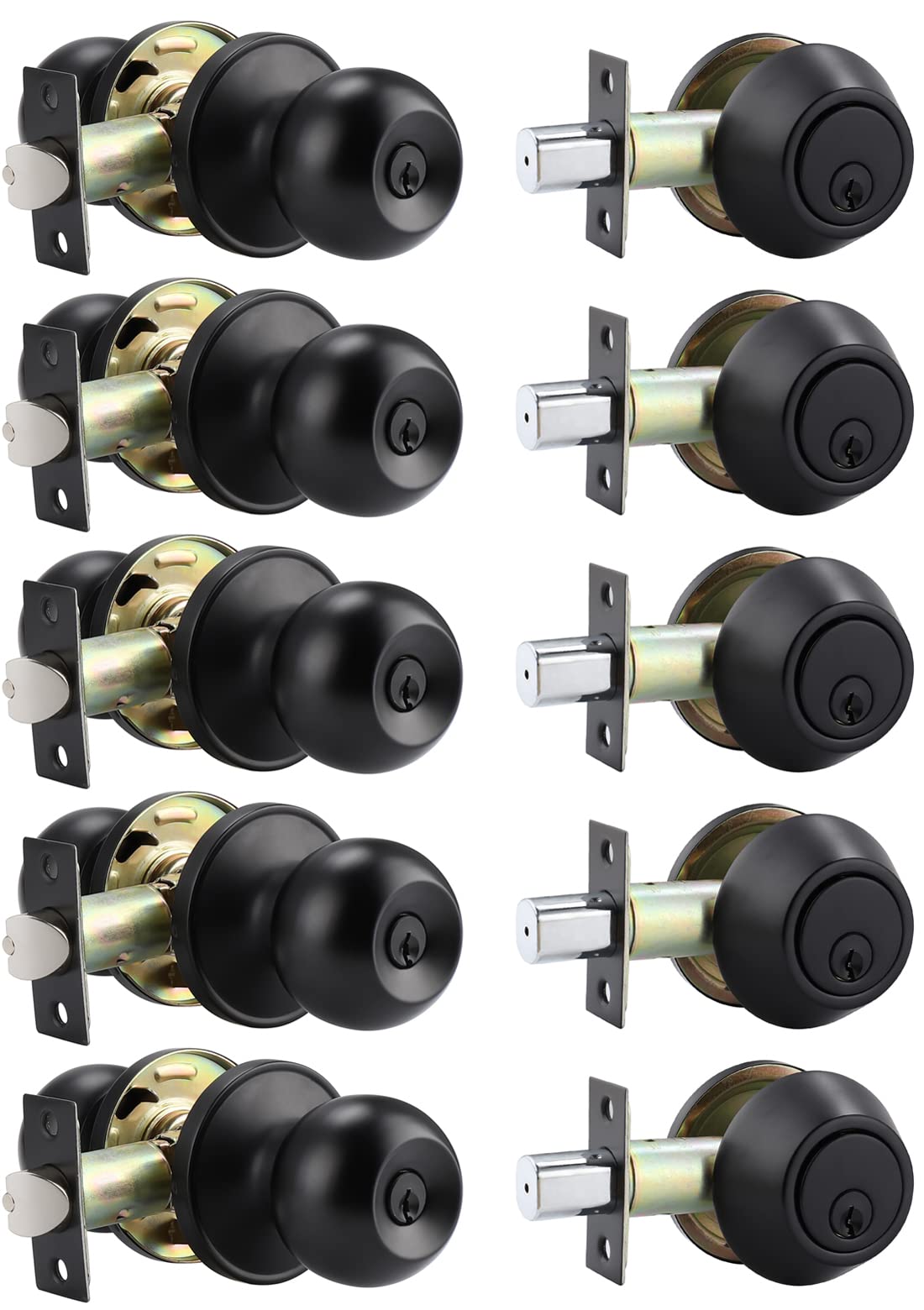 5-Pack Keyed Alike Entry Door Knob & Deadbolt Lock Set - Flat Black Round Knobs for Exterior/Front Doors - Perfect for Home Security & Easy Key Management (Ideal for Apartments, Rental Properties & Multi-Door Homes)