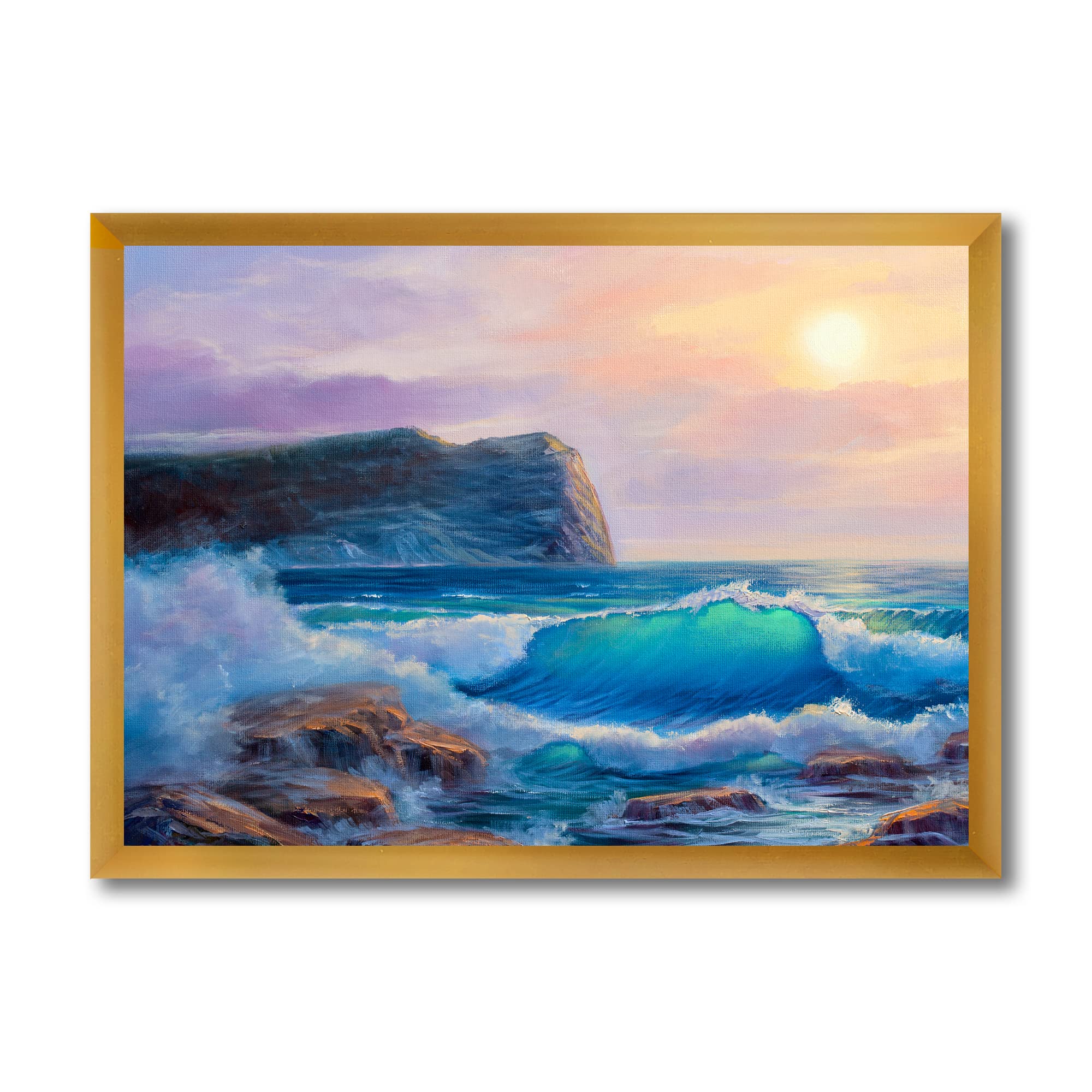 DesignQ Blue Waves Breaking At The Beach III - Coastal Framed Wall Art for Living Room, Bedroom & Office Decor | Nautical Beach Theme Painting | Ready to Hang