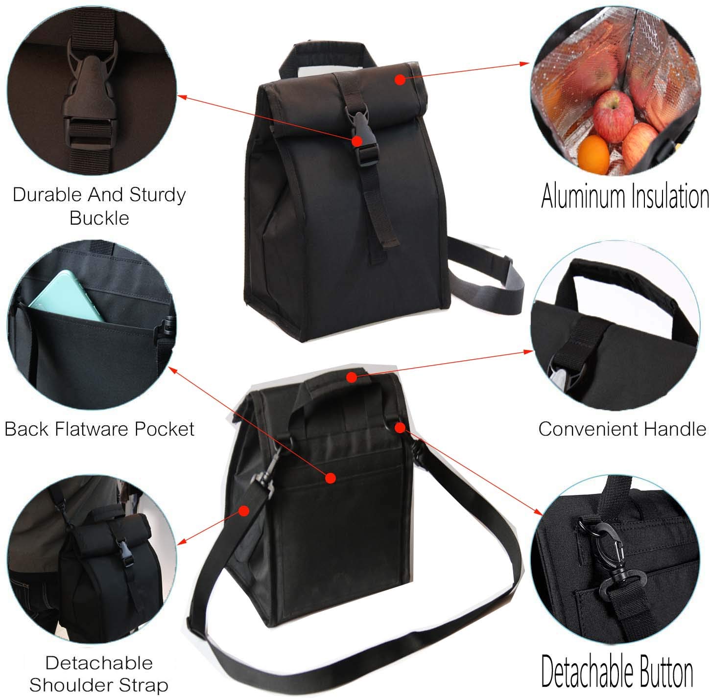 Insulated Foldable Lunch Bag with Adjustable Strap - Lightweight Portable Lunch Box for Men & Women - Perfect for Office, Work, Picnic, Hiking & Beach (Black Hard Fabric) - Keep Meals Fresh On The Go