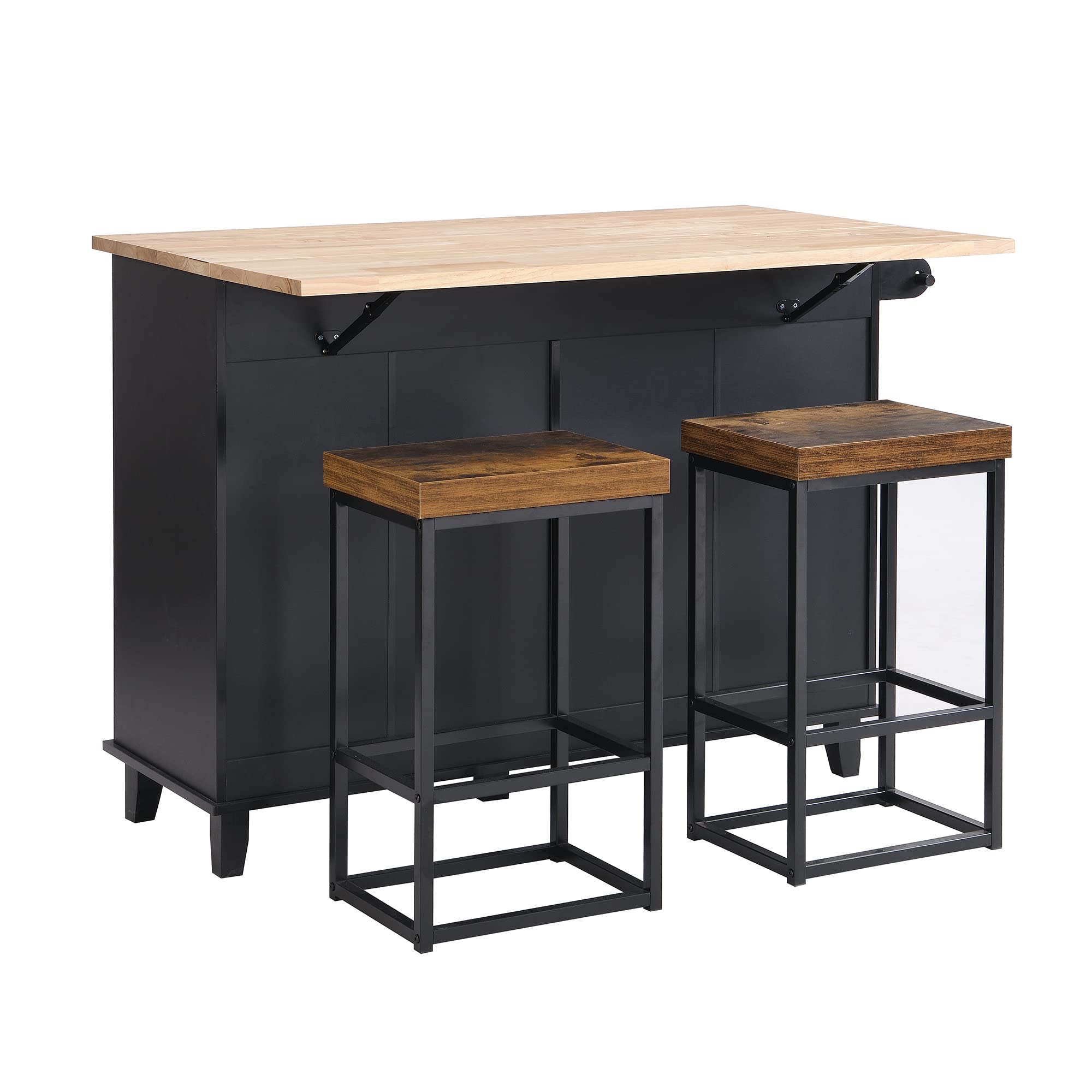 Farmhouse Kitchen Island Set with Drop Leaf & 2 Seats - Dining Table with Storage Cabinet, Drawers & Towel Rack - Rustic Kitchen & Dining Room Furniture (Black) - Perfect for Small Space Cooking, Entertaining & Extra Storage