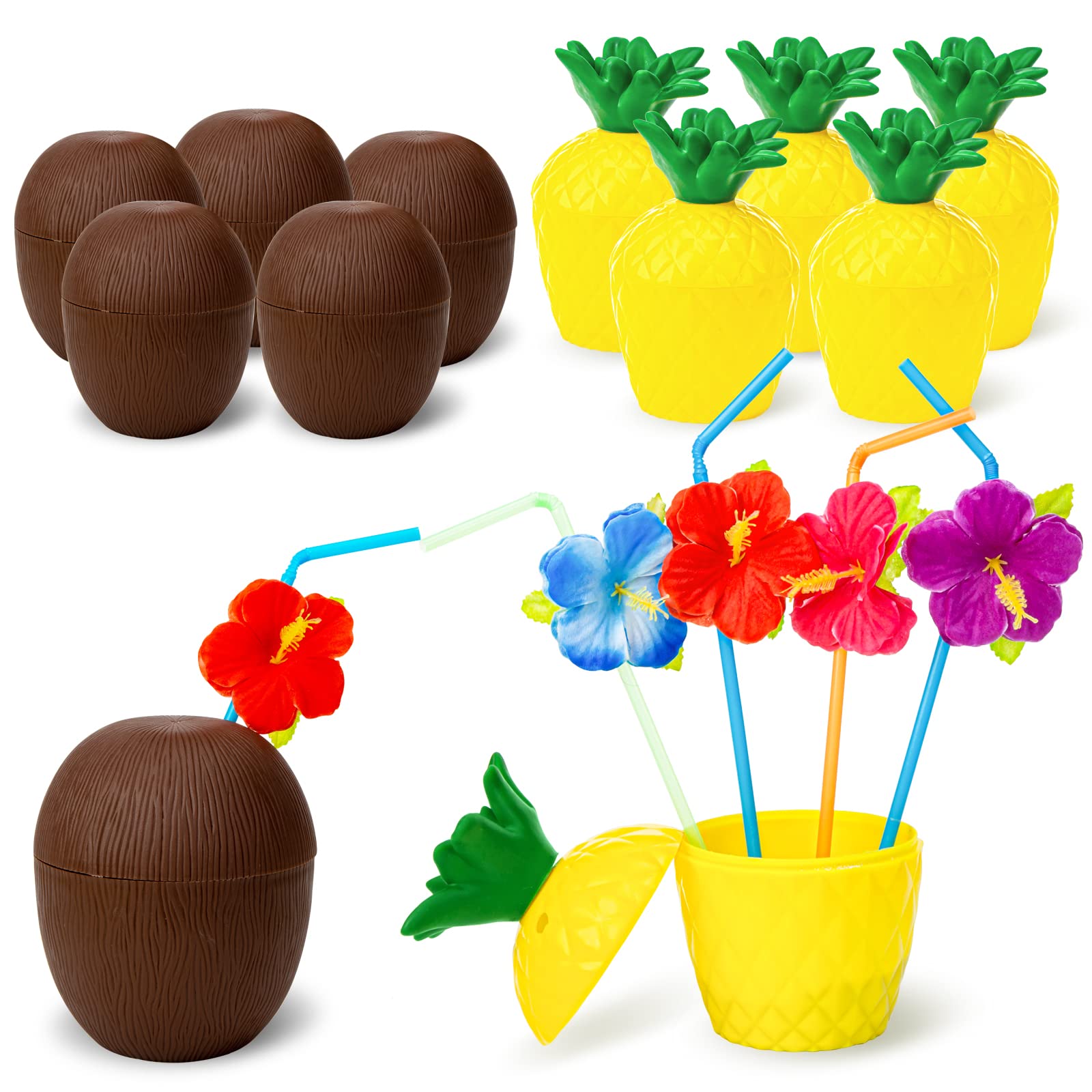12PCS Pineapple Coconut Cups with Lids & Straws - Tropical Hawaiian Themed Reusable Drinkware for Beach Parties, Luau Celebrations, Birthday Events & Summer Gatherings - BPA-Free Plastic Cocktail Cups for Poolside Drinks and Outdoor Entertaining