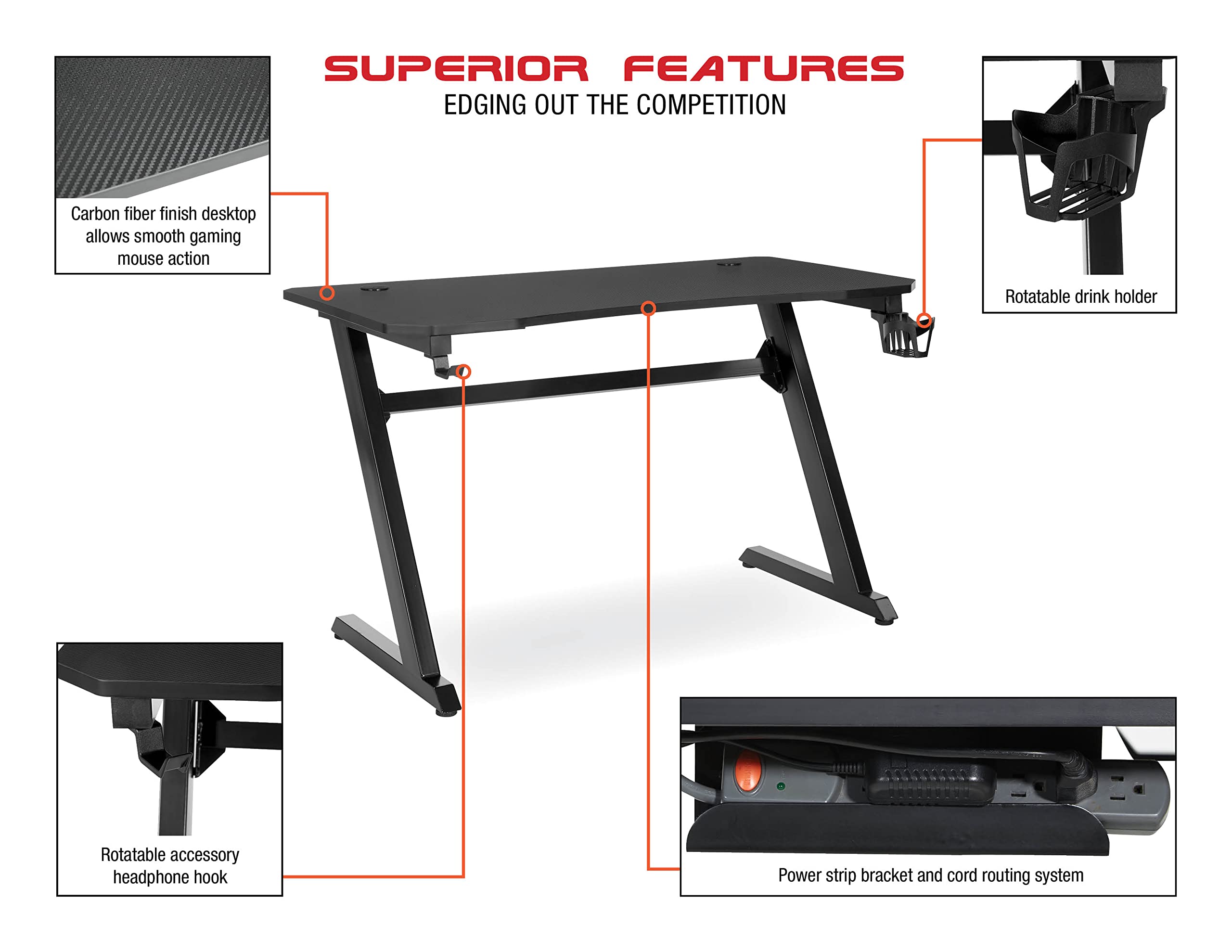 OSP Home Furnishings Ghost Battlestation Gaming Desk - Carbon Fiber Surface, Matte Black Top & Red Legs with Accessories | Perfect for PC Gaming Setup, Streaming & Home Office Workspace