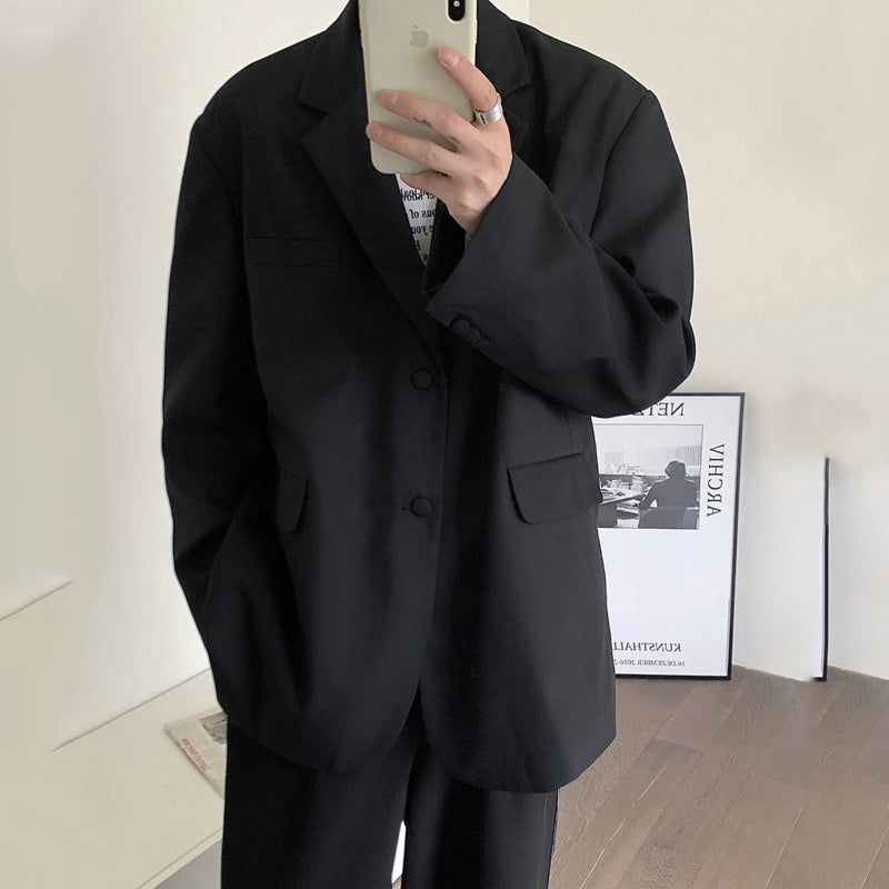Trendy Korean Men's Autumn Blazer - Casual Loose Fit with Back Letter Printing & Shoulder Pads | Stylish Male Suit Jacket 9C6746 for Office, Dating & Fall Fashion