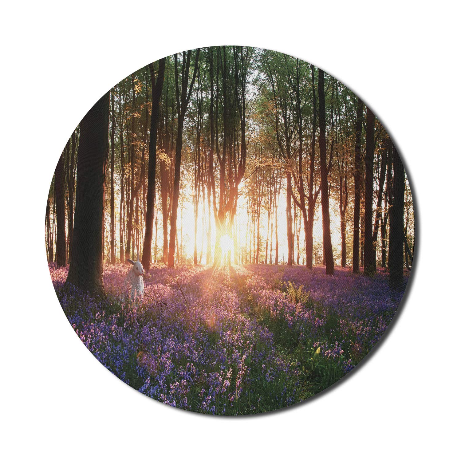 Ambesonne Round Non-Slip Gaming Mouse Pad - 8 Inch Thick Rubber Computer Mousepad with Bluebell Woods Sunrise Forest Design Featuring White Rabbit, Perfect for Office, Home & Gaming Setup (Purple Green)
