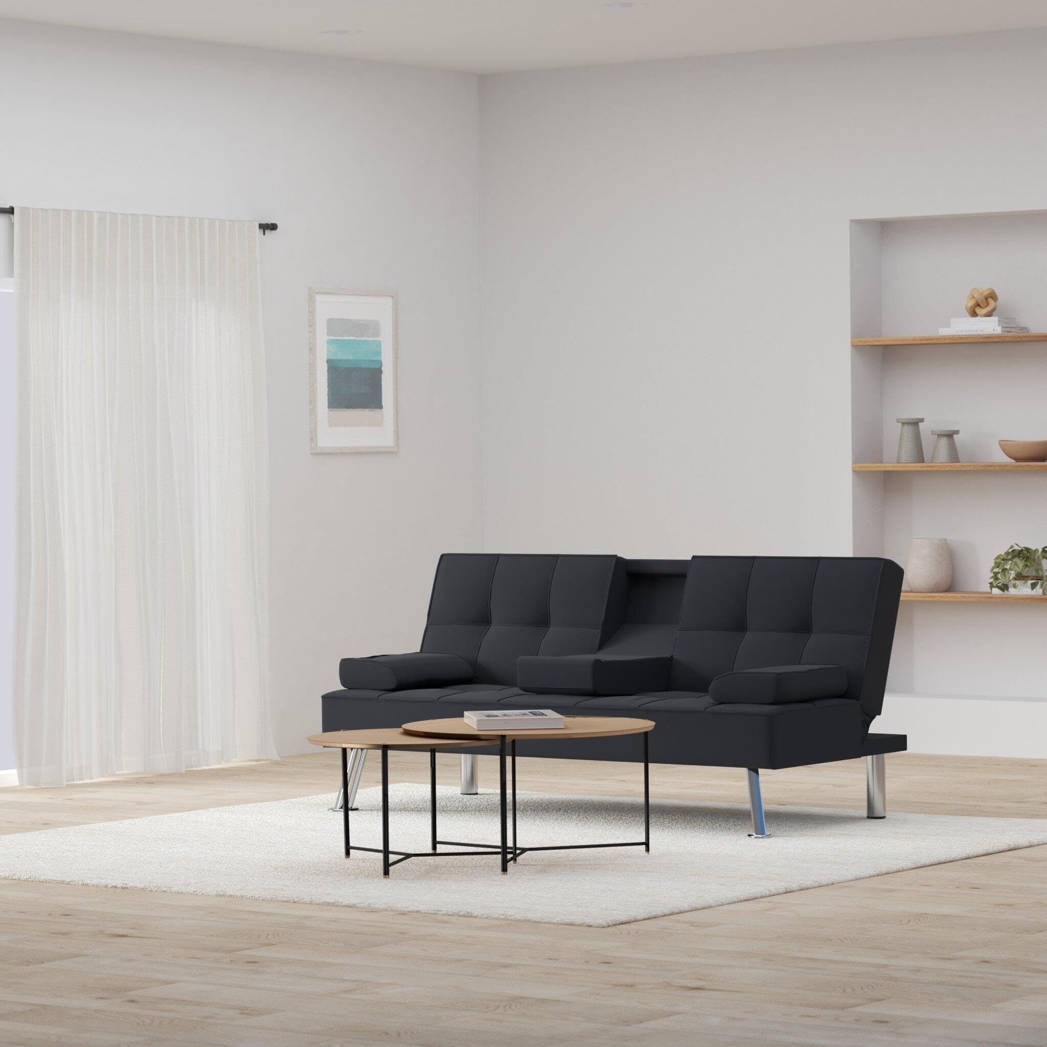 Best Choice Products Modern Folding Futon Sofa Bed - Convertible Linen Recliner for Small Spaces, Apartments & Dorms with Removable Armrests & 2 Cup Holders - Black | Space-Saving Sleeper Solution for Living Rooms, Guest Rooms & Studio Apartments