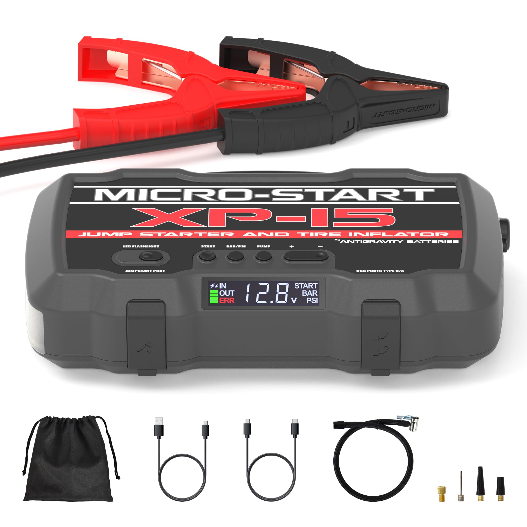 Antigravity XP-15 Micro-Start Lithium Jump-Starter with Built-in Air Compressor - 2000A Peak Portable Power Bank for Gas & Diesel Vehicles - USB-C & USB-A Charging Ports for Phones & Electronics - Emergency Car Battery Booster for Road Trips & Outdoor Adventures
