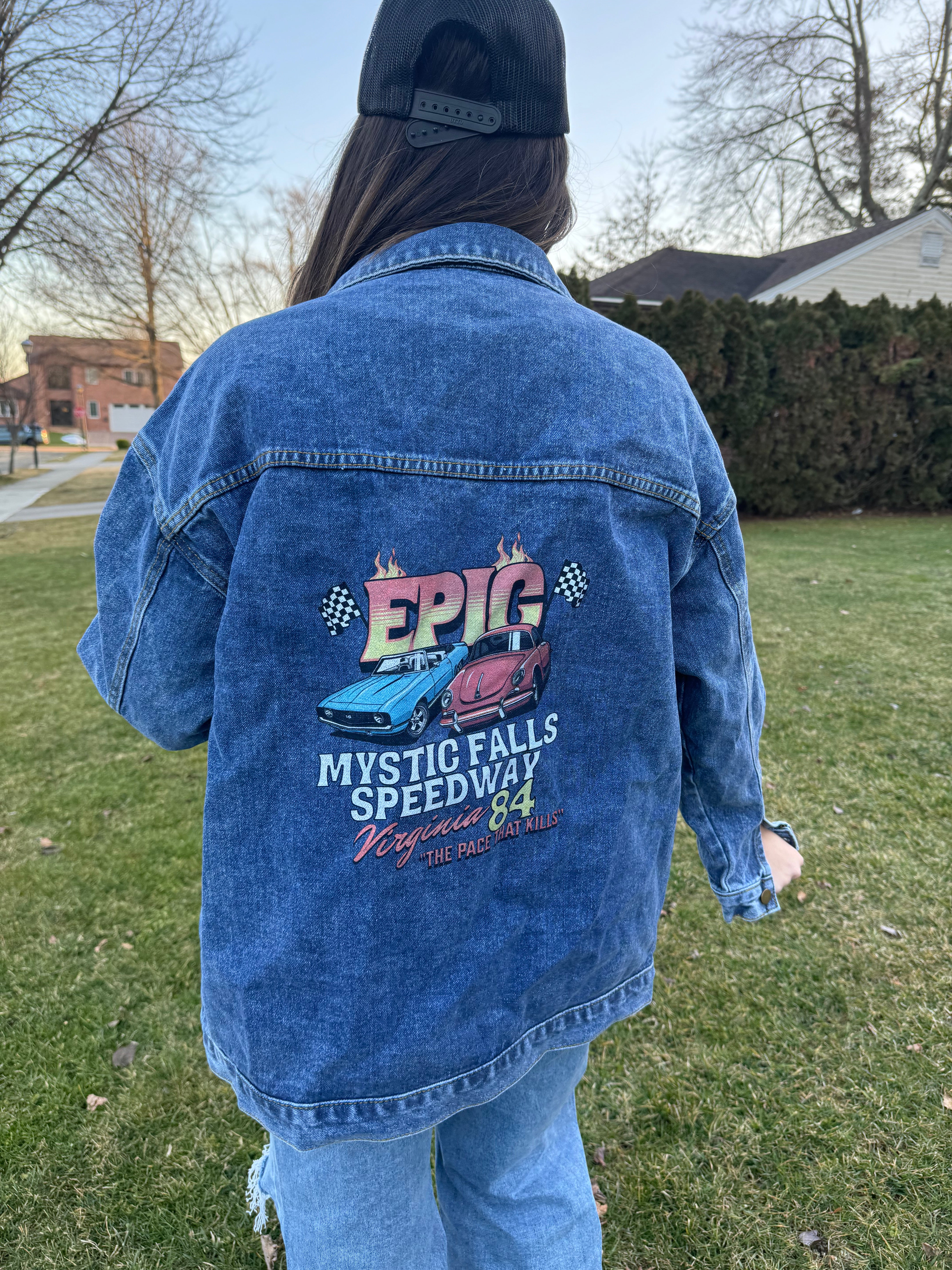 Stylish Mystic Falls Denim Jacket for Women - Trendy Vintage Distressed Jean Jacket - Perfect for Casual Outfits, Fall Layering & Outdoor Adventures