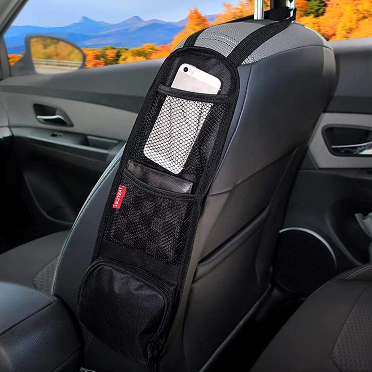Luckybay Car Seat Side Organizer - Auto Seat Storage Hanging Bag with Mesh Pocket for Phones, Drinks & Essentials - Perfect for Cars, SUVs & Trucks | Keep Your Vehicle Organized on Road Trips & Daily Commutes