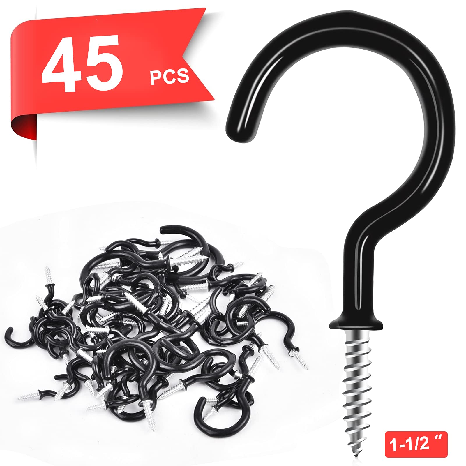 1-1/2 Inch Black Vinyl Coated Cup Screw Hooks - 45 Pack Heavy Duty Ceiling Hooks for Plants, Wind Chimes & Kitchen Storage - Indoor & Outdoor Hanging Solution for Home, Garden & Garage Organization