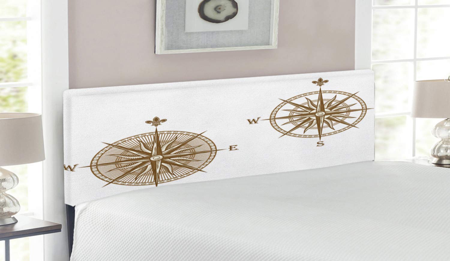 Ambesonne Compass Headboard - Nautical Windrose Design for Travel & Sea Life Theme | Upholstered Metal Bed Headboard with Memory Foam | Queen Size Pale Brown | Perfect for Coastal, Adventure & Marine-Themed Bedrooms