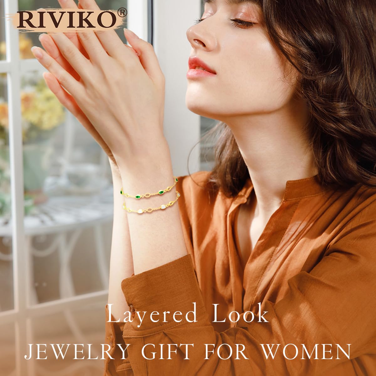 RIVIKO 925 Sterling Silver Gold Plated Birthstone Charm Bracelet for Women - Adjustable Dainty Link Bracelet, Anniversary Valentine's Christmas Birthday Gift for Her, Mom, Wife, Friend | Perfect for Everyday Wear, Special Occasions & Thoughtful Gifting