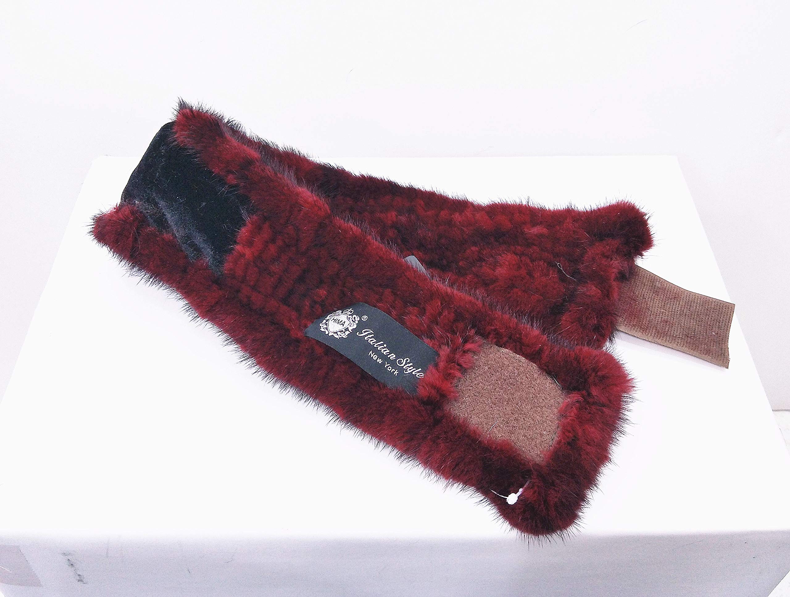 100% Mink Fur Knitted Headband & Neck Warmer - 23 Inch Adjustable Velcro Closure (Burgundy) | Winter Accessory for Women, Outdoor Sports & Cold Weather Fashion