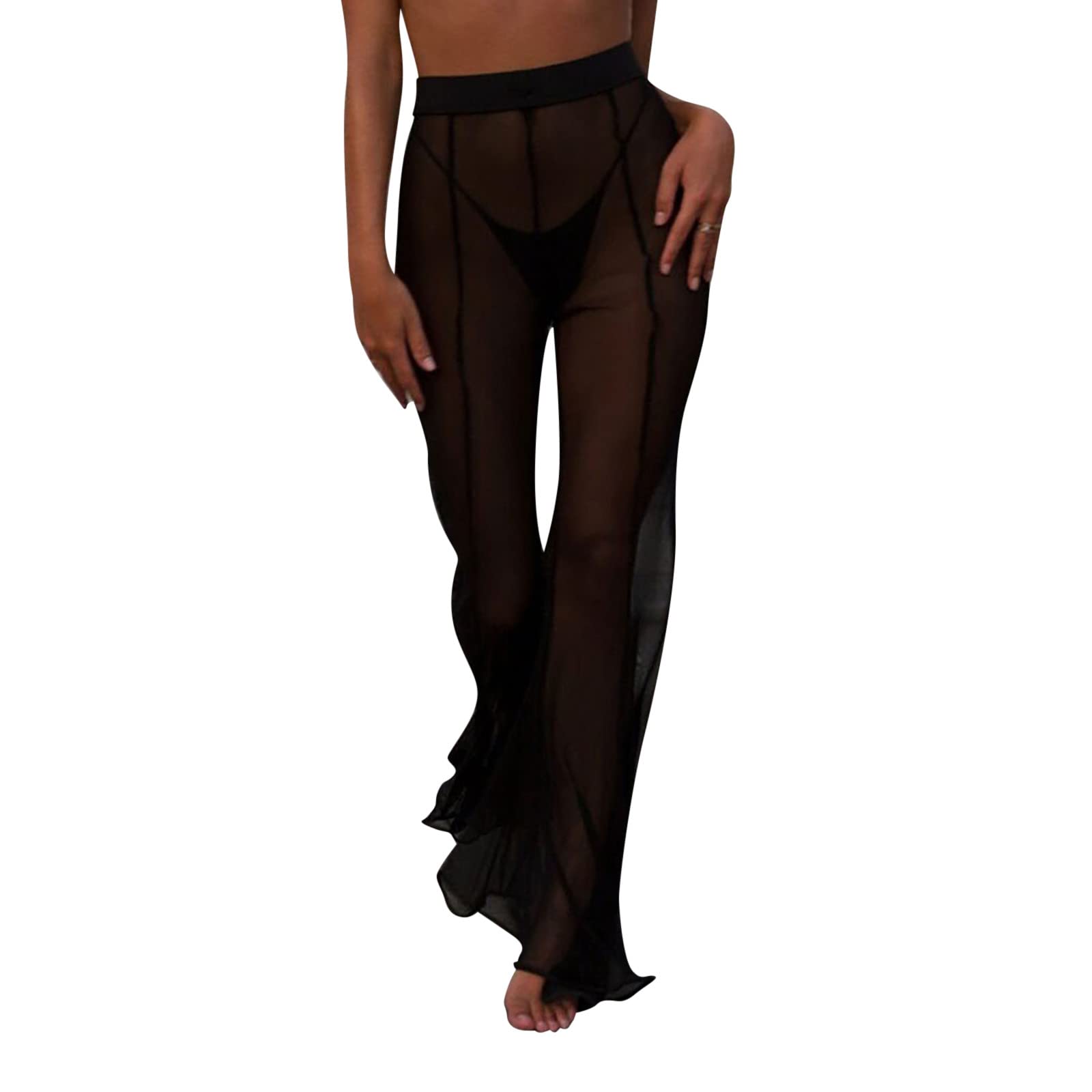 Women's Mesh Long Slim Leggings - Sheer High Waist Bell Bottom Pants for Party & Cocktail - Adore Rose (Black, Size S) - Perfect for Night Out, Dance Performance and Fashion Statement
