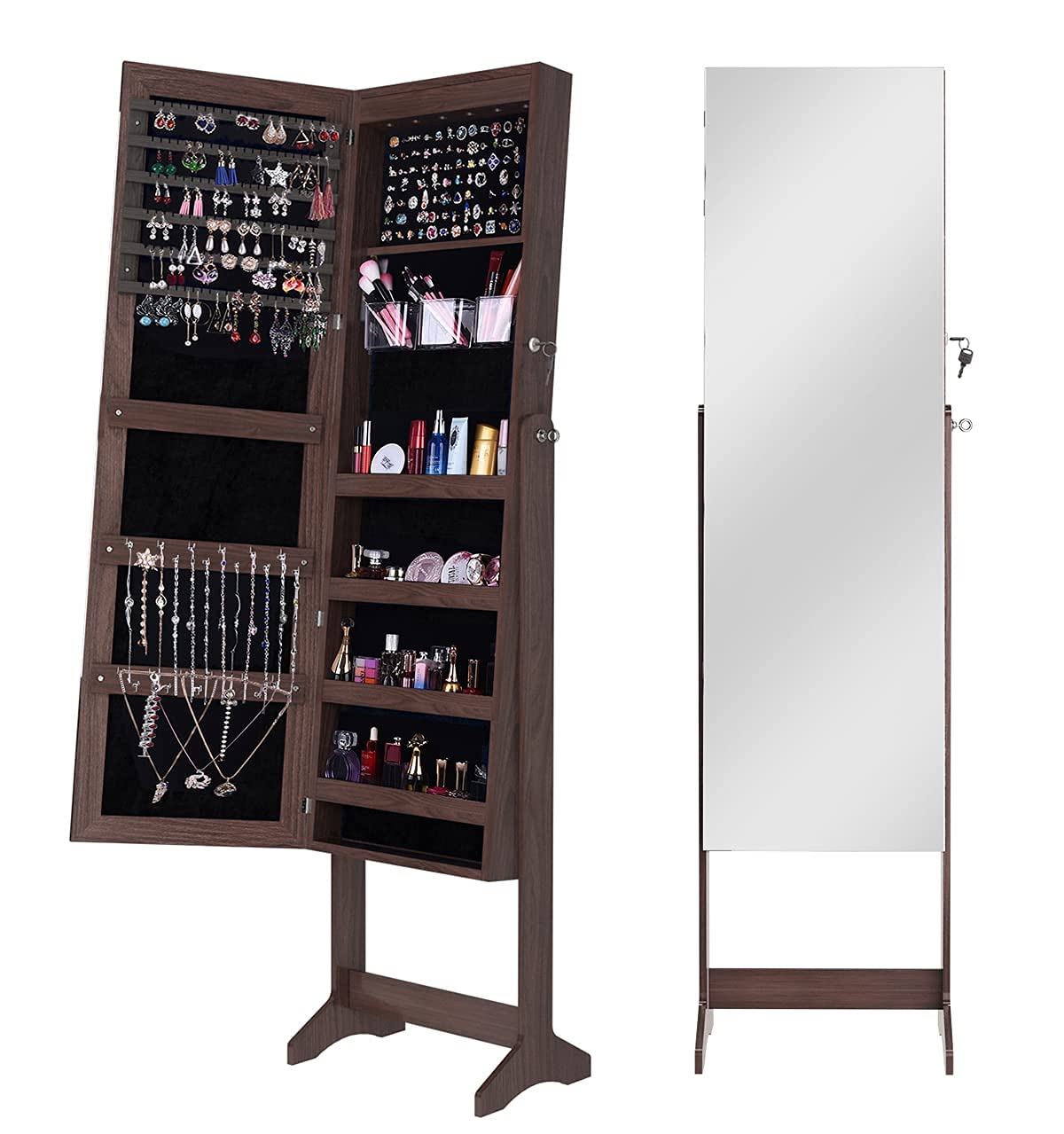 SDHYL Jewelry Storage Cabinet with Full Length Mirror - Wooden Jewelry Box Organizer with Lock, Standing Makeup Armoire for Dressing Room, Hallway & Bedroom - Perfect for Jewelry Display, Vanity Organization and Home Decor