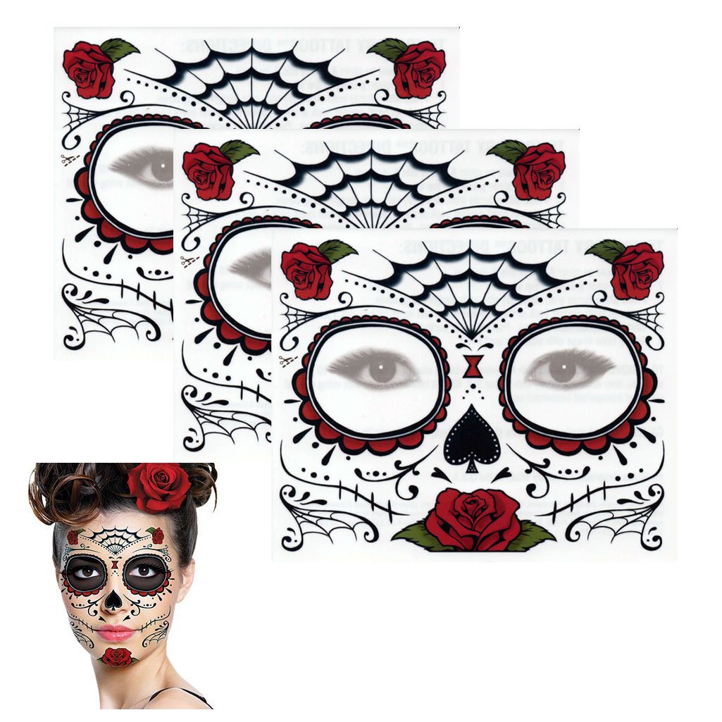 Sugar Skull Temporary Tattoo Kit - Rose Design Fake Tattoos (3 Pack) for Halloween, Dia de Los Muertos, Costume Parties & Festivals