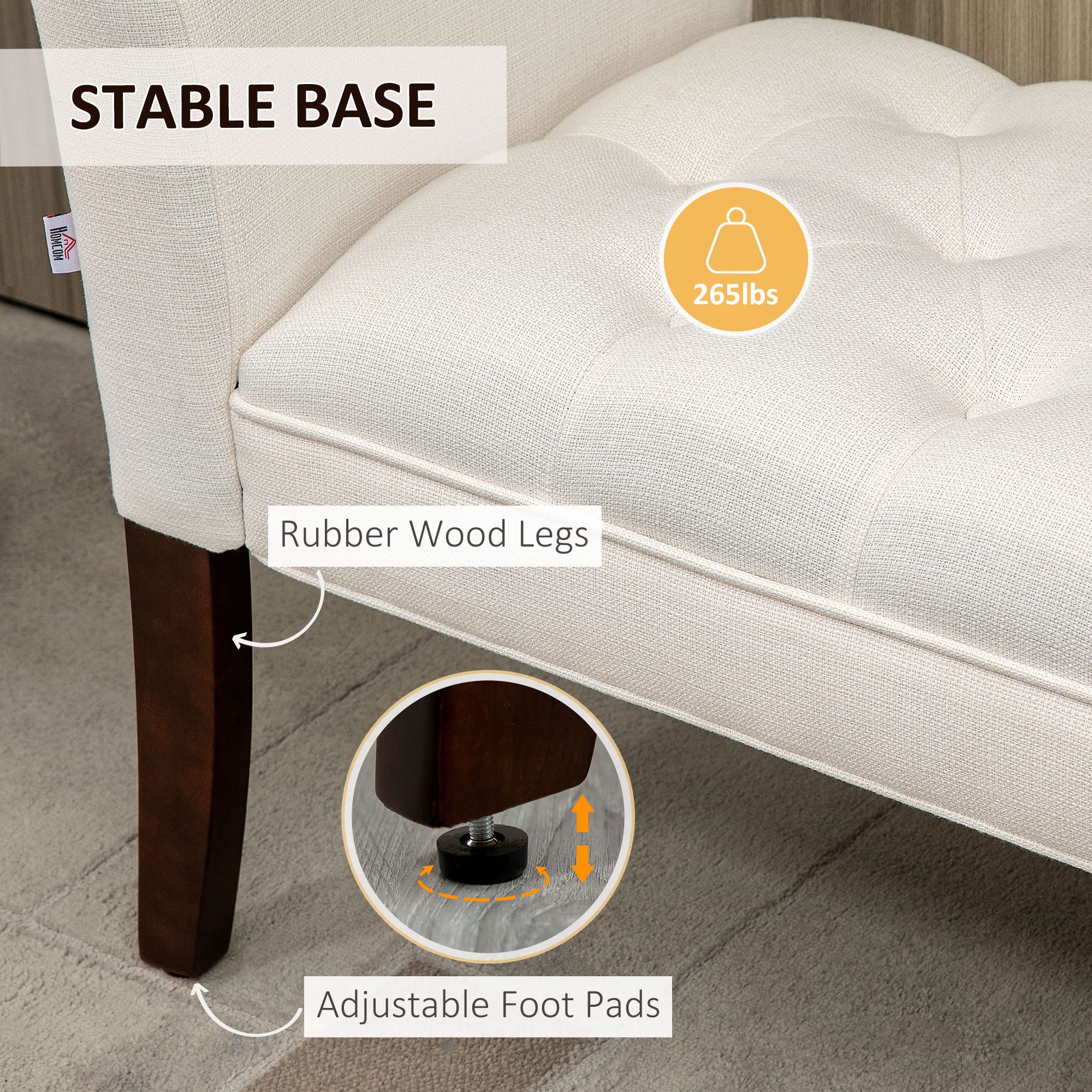 HOMCOM Tufted Upholstered Bed Bench with Arms & Solid Wood Legs - Cream White Entryway Seat for Bedroom, Living Room & Dressing Area - Perfect for Sitting, Storage & Decoration