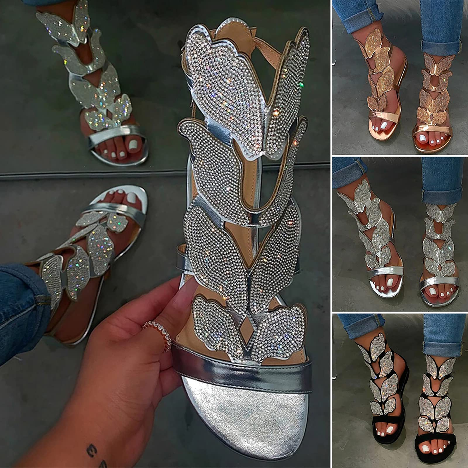 Masbird Women's Casual Summer Sandals - Rhinestone Embellished Flat Sandals with Hollow-Out Design | Flip Flops for Beach, Pool, and Everyday Wear