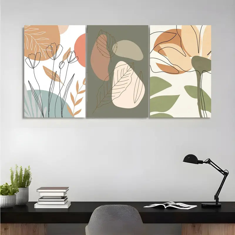 3-Piece Abstract Botanical Line Art Metal Prints - Minimalist Wall Decor with Earthy Tones - Ready to Hang Canvas Art for Living Room, Bedroom & Office Decor