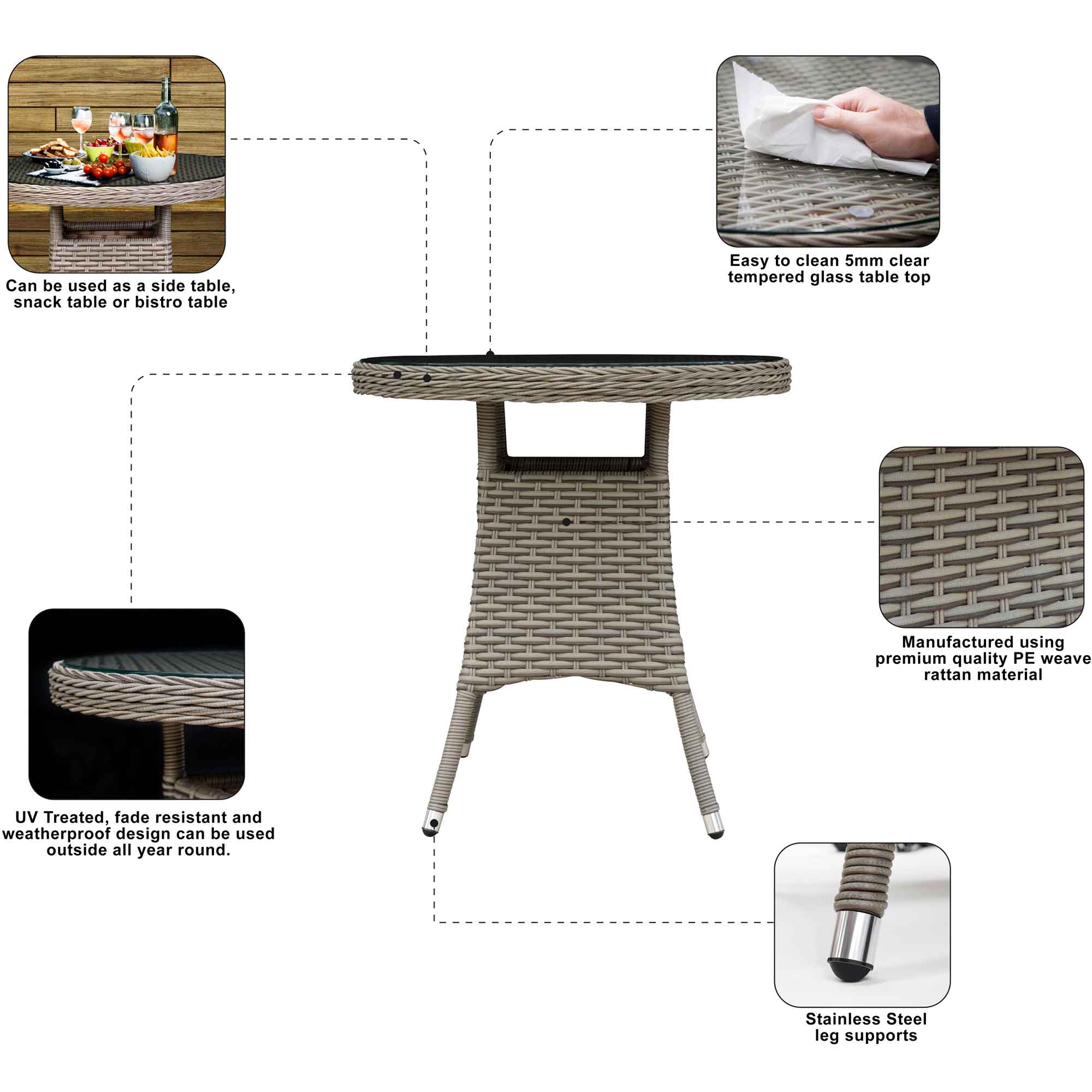 Brown Chester Rattan Wicker Outdoor Bistro Table with Tempered Glass Top - Patio, Garden, Balcony Dining Set for Small Spaces - DG65