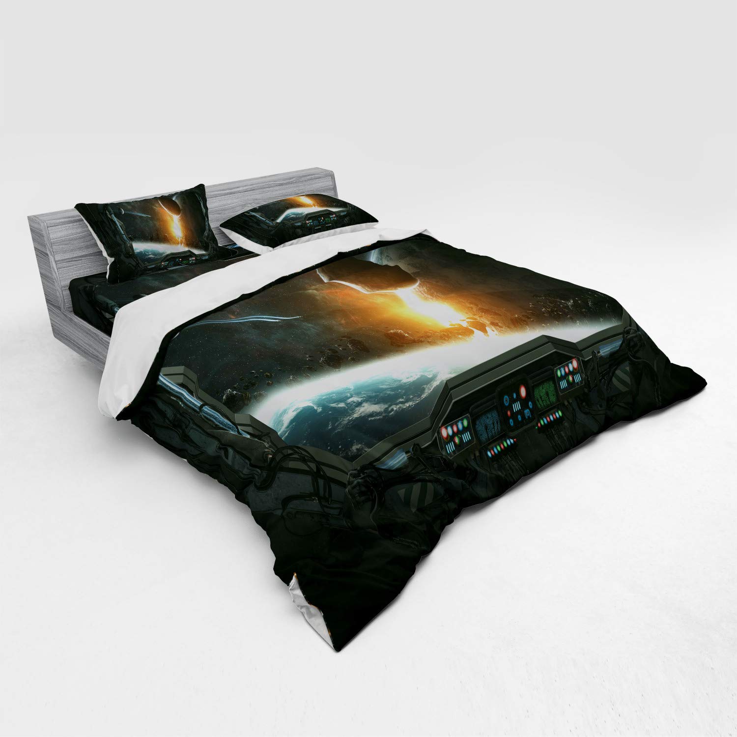 Ambesonne Outer Space Bedding Set - King Size 4-Piece Duvet Cover with Shams & Fitted Sheet | Astronaut Space Station & Planet View Design in Grey Orange | Perfect for Sci-Fi Lovers & Space-Themed Bedrooms