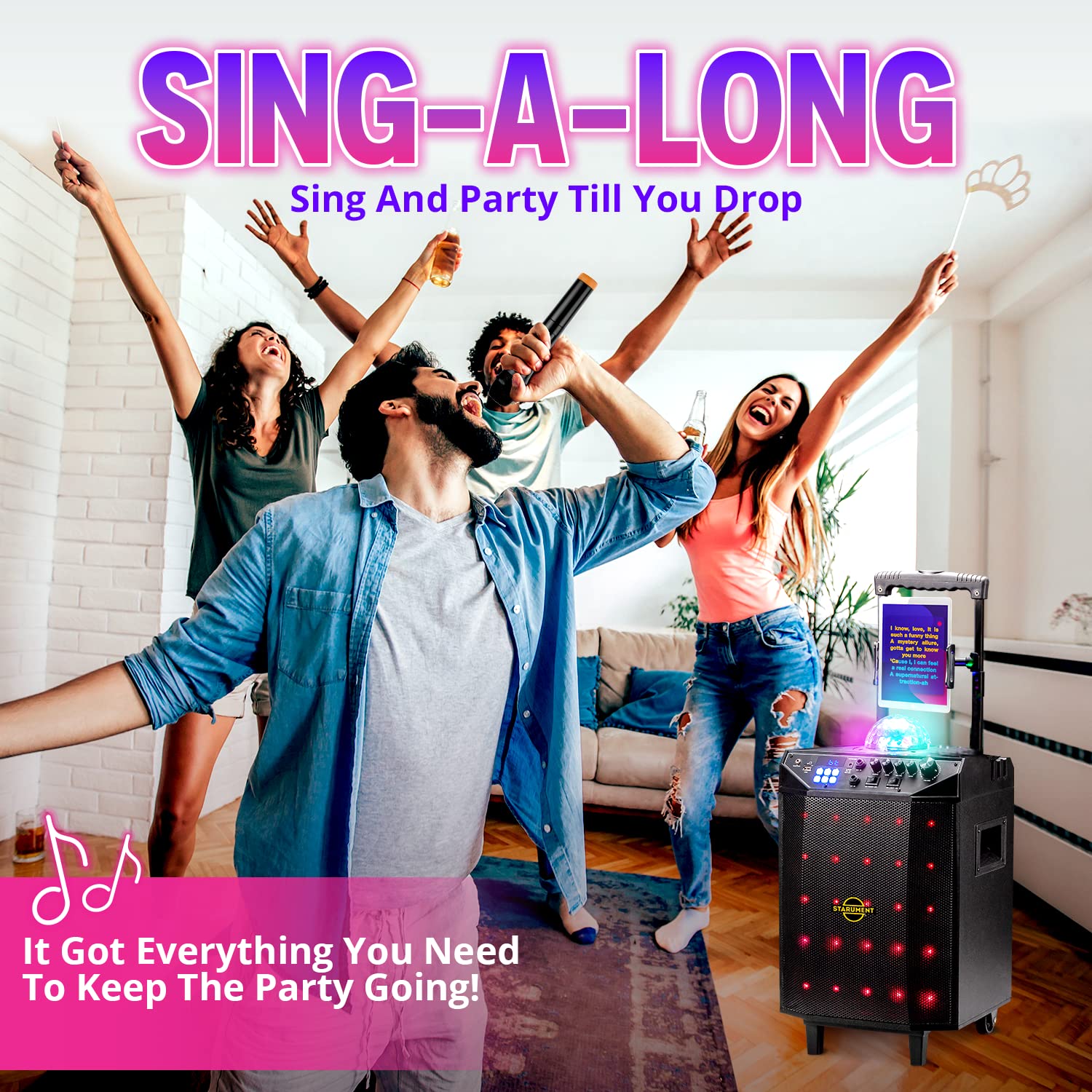 Portable Karaoke Machine with Bluetooth Speakers, 2 Wireless Microphones, Disco Ball & LED Lights - Starument Complete Karaoke System for Adults & Kids - Perfect for Home Parties, Birthday Celebrations & Family Gatherings